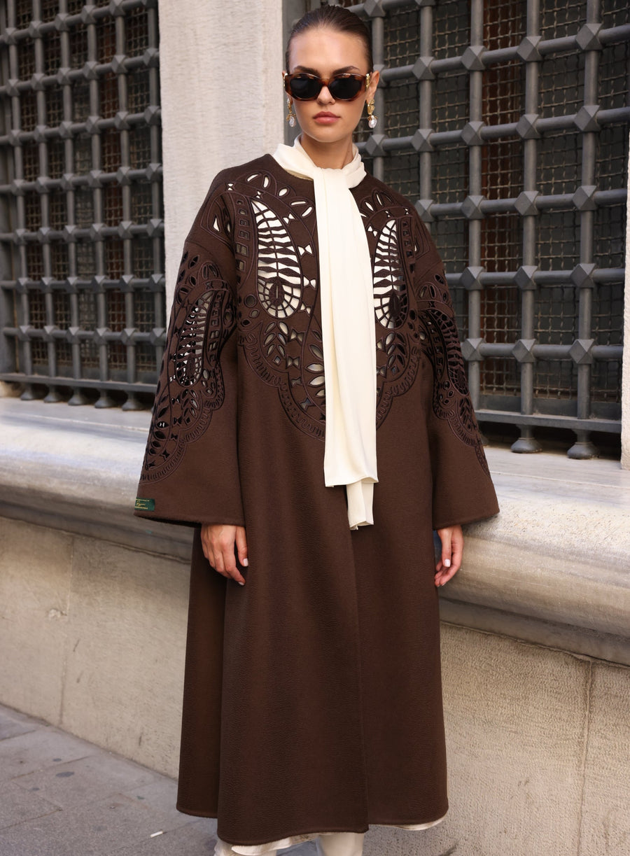 BROWN EMBROIDERED ALPACA COAT -9687