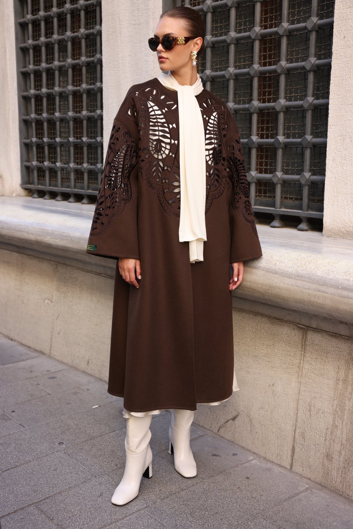 BROWN EMBROIDERED ALPACA COAT -9687