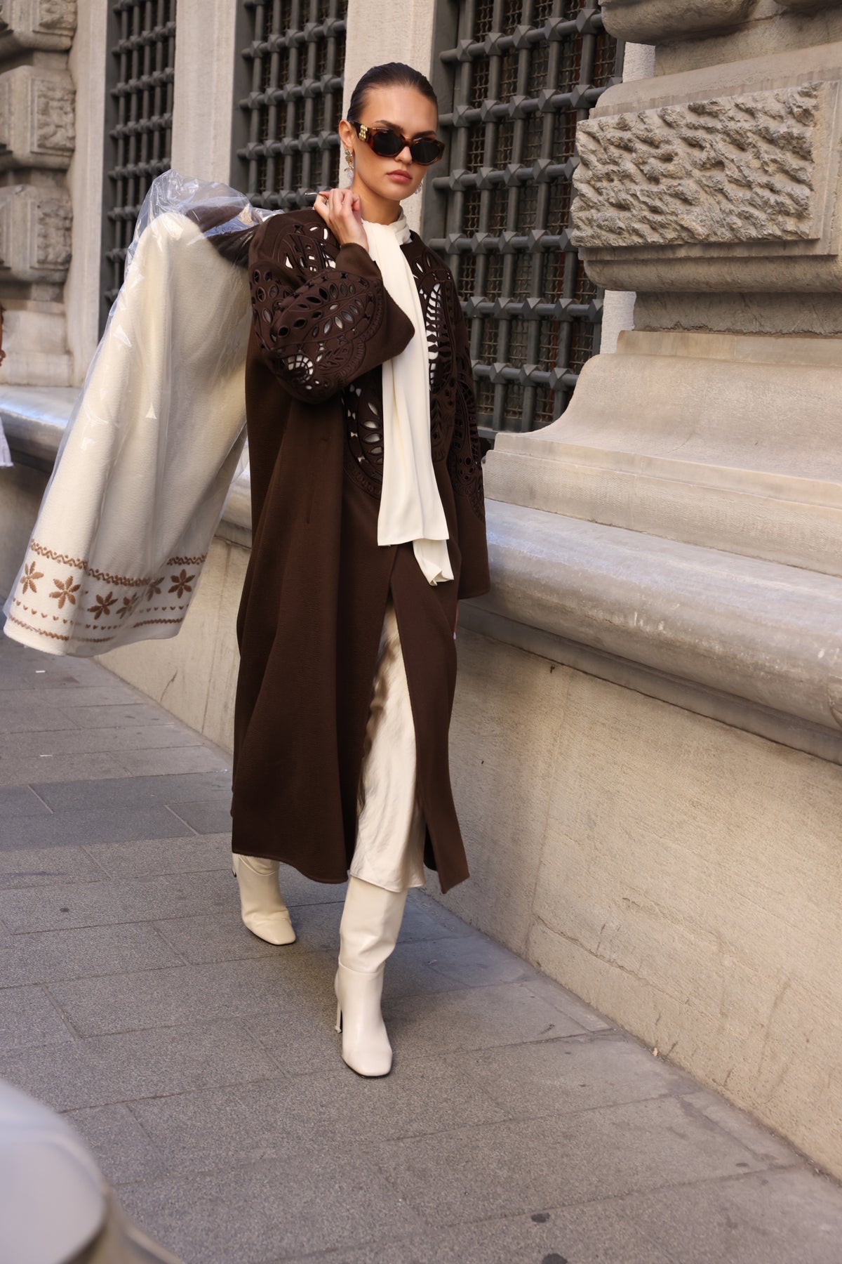 BROWN EMBROIDERED ALPACA COAT -9687