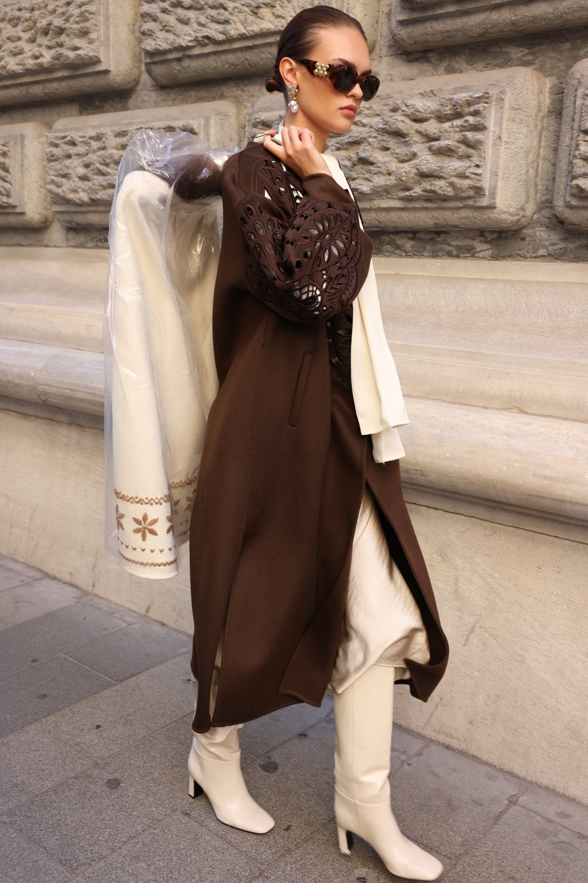 BROWN EMBROIDERED ALPACA COAT -9687