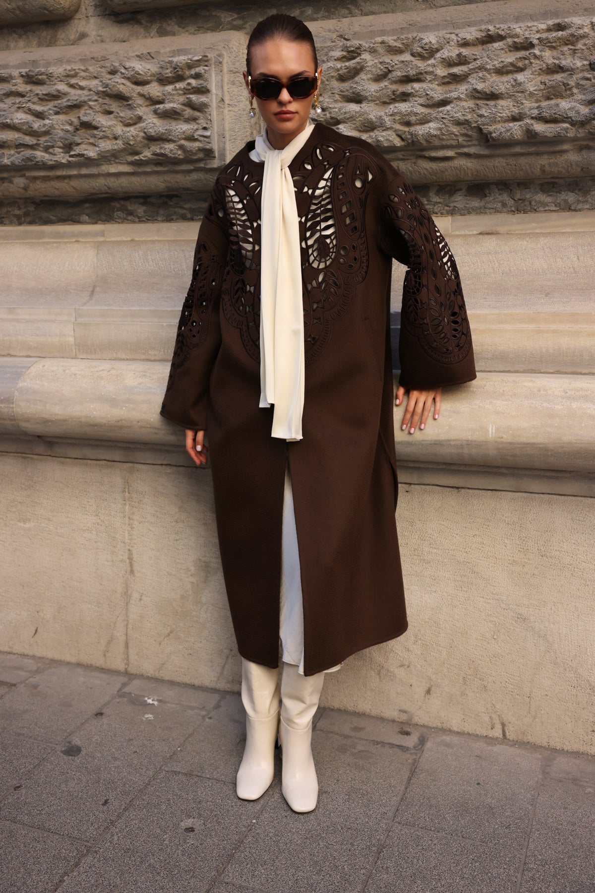 BROWN EMBROIDERED ALPACA COAT -9687