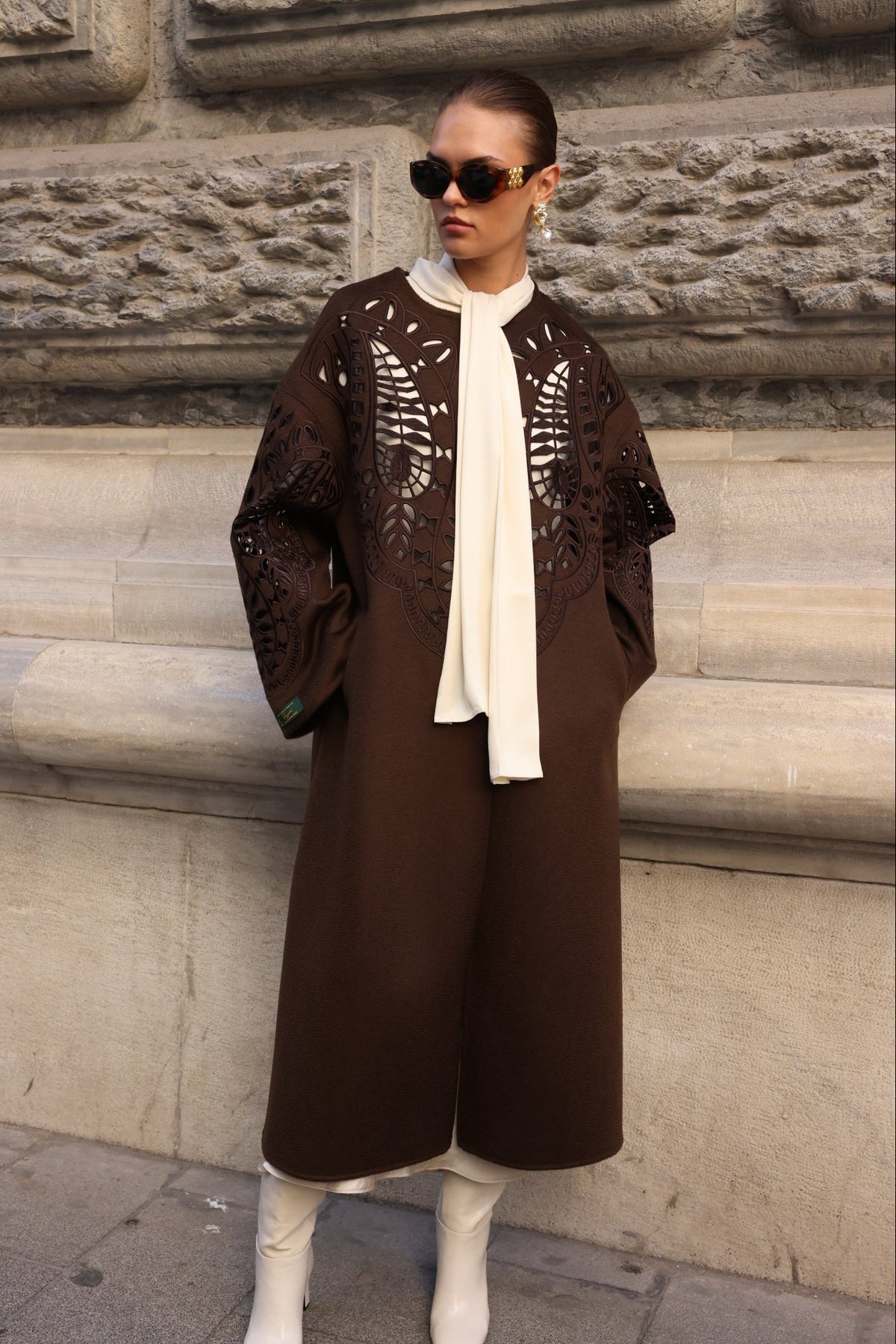 BROWN EMBROIDERED ALPACA COAT -9687