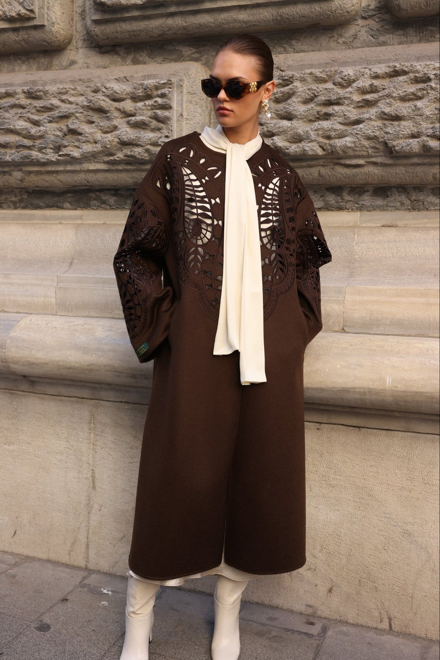 BROWN EMBROIDERED ALPACA COAT -9687