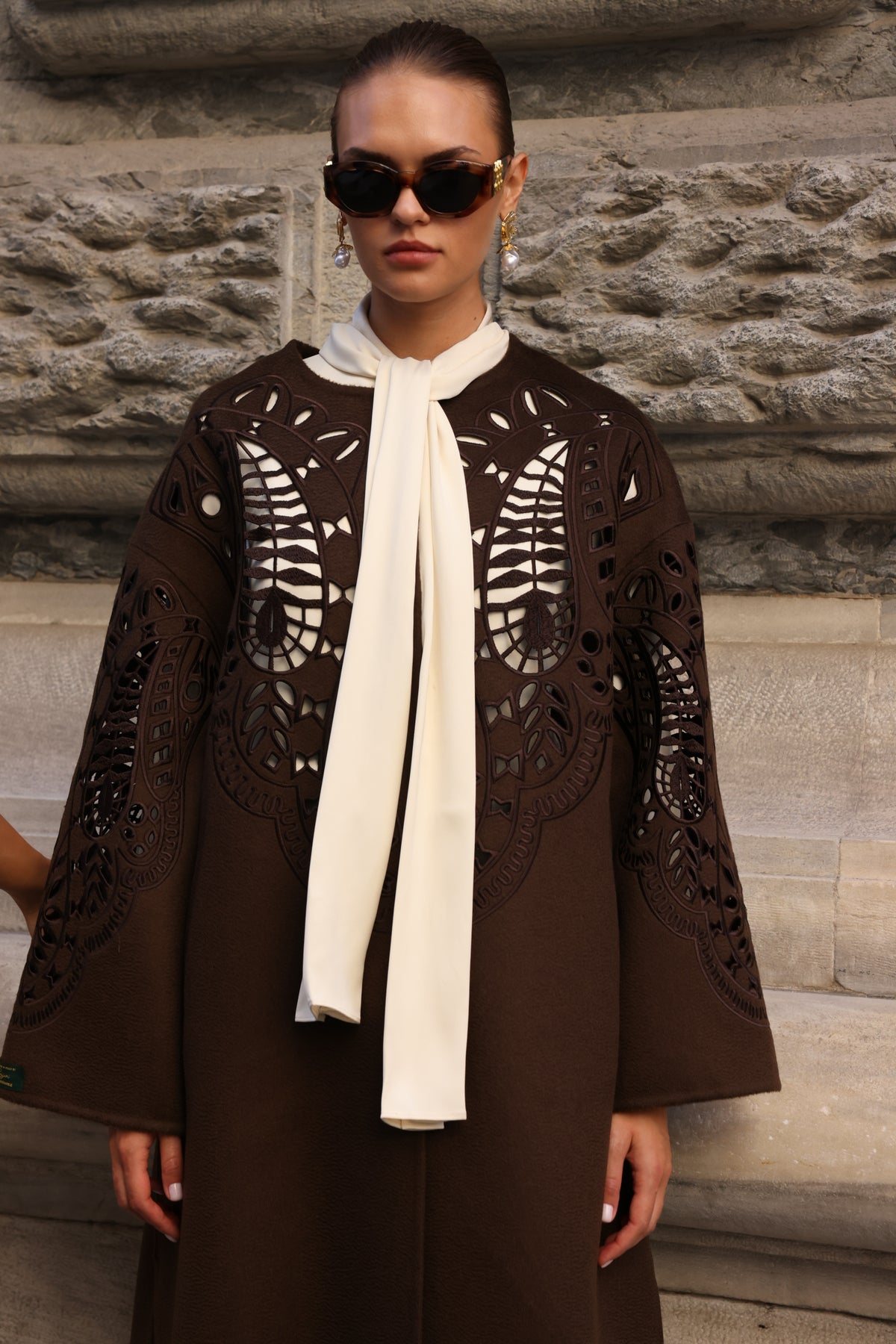 BROWN EMBROIDERED ALPACA COAT -9687