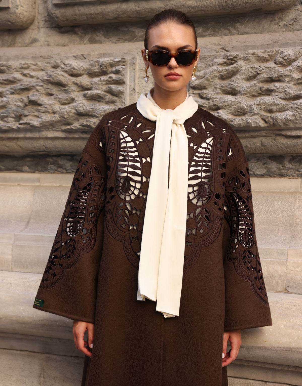 BROWN EMBROIDERED ALPACA COAT -9687