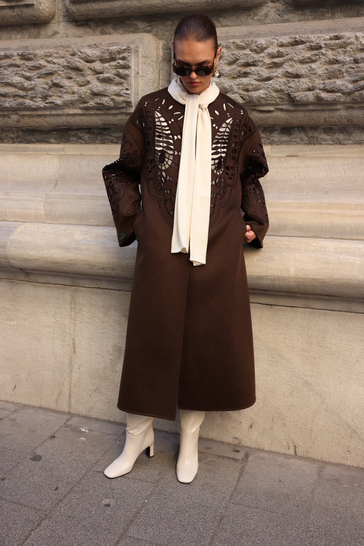 BROWN EMBROIDERED ALPACA COAT -9687