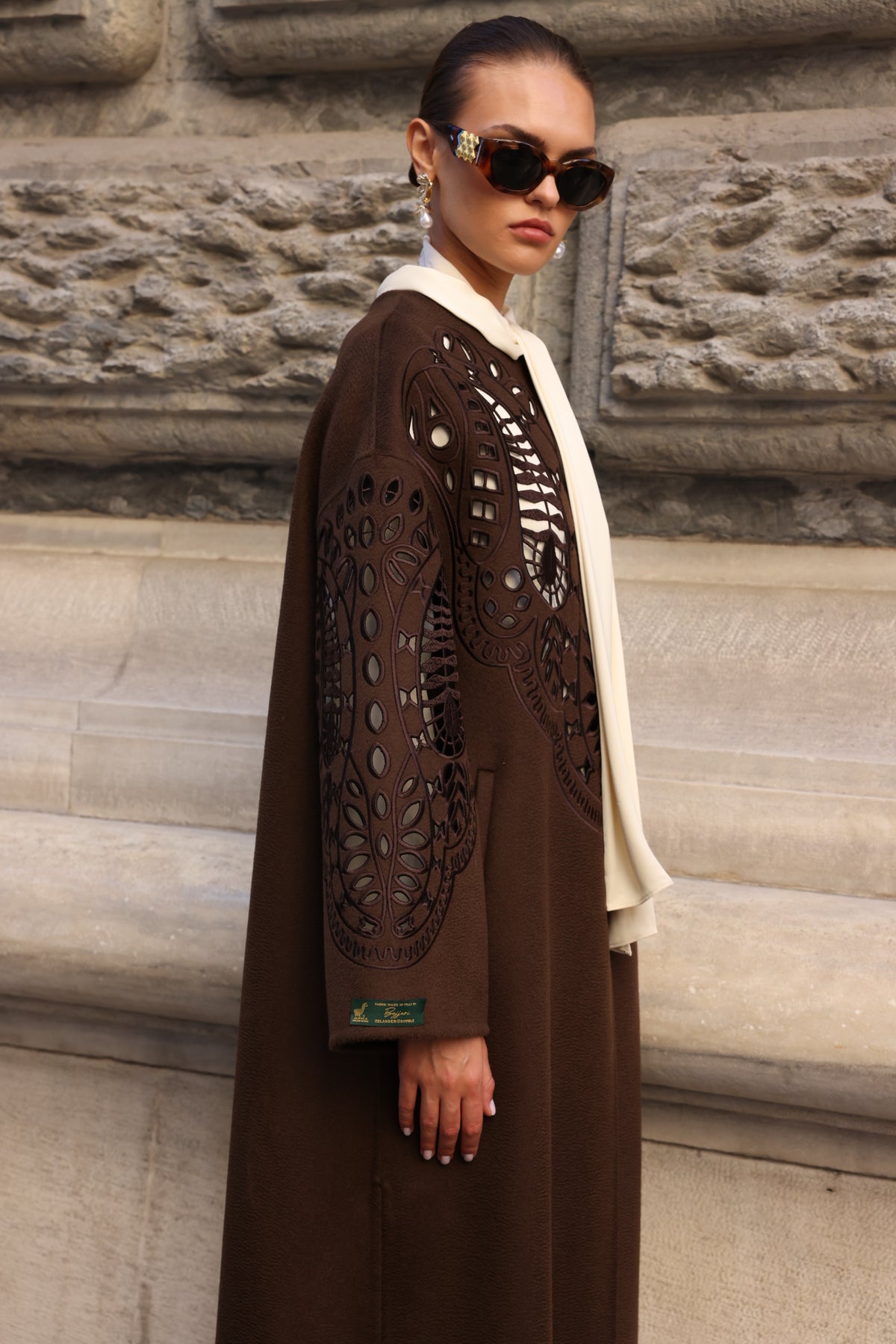 BROWN EMBROIDERED ALPACA COAT -9687