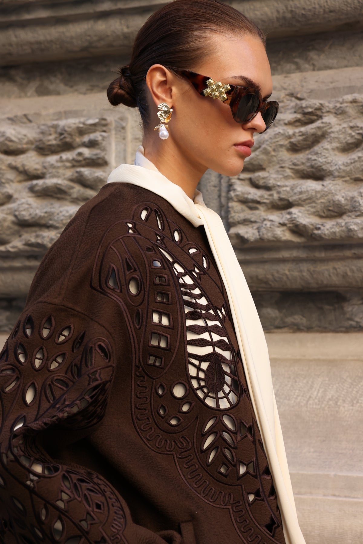 BROWN EMBROIDERED ALPACA COAT -9687
