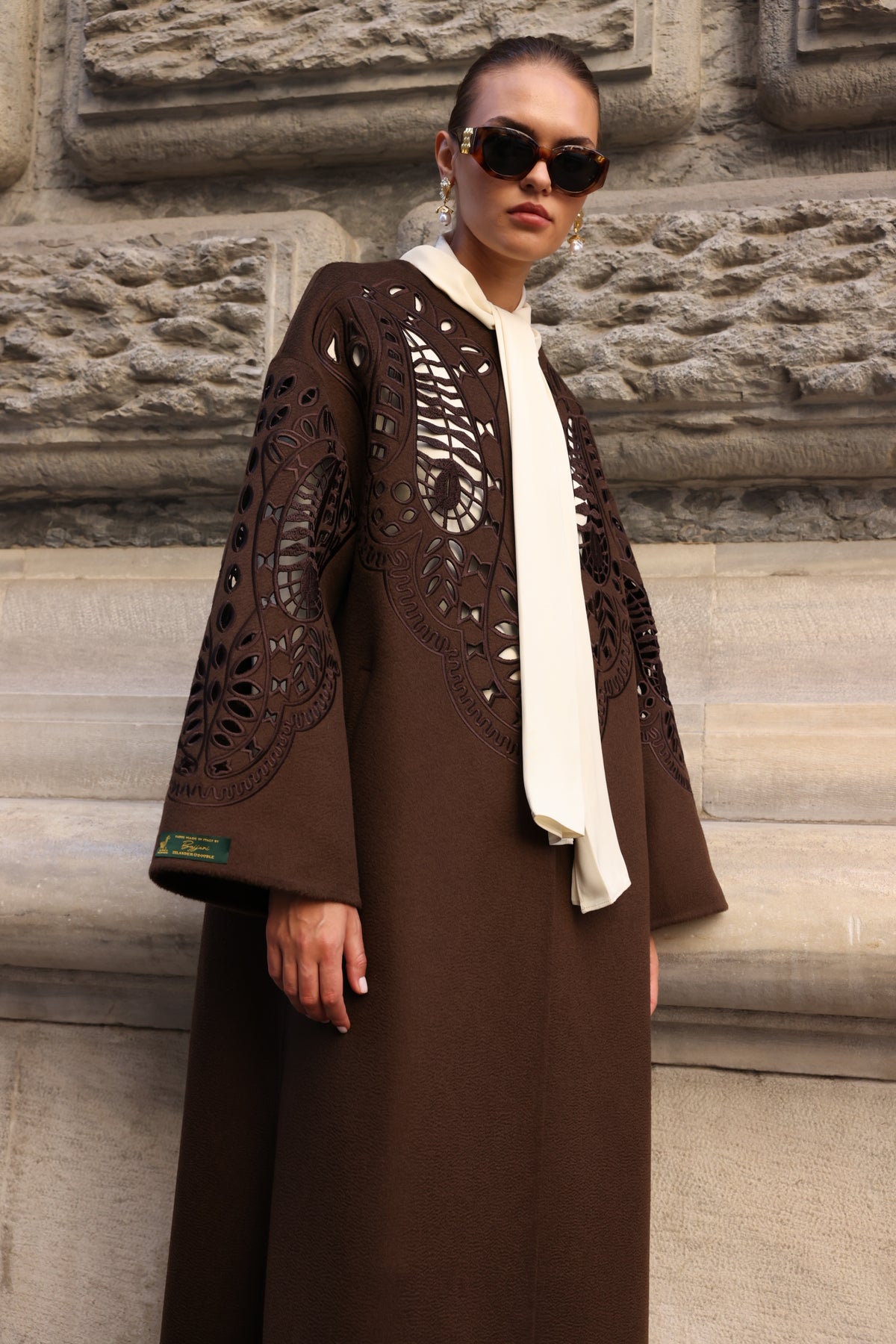 BROWN EMBROIDERED ALPACA COAT -9687