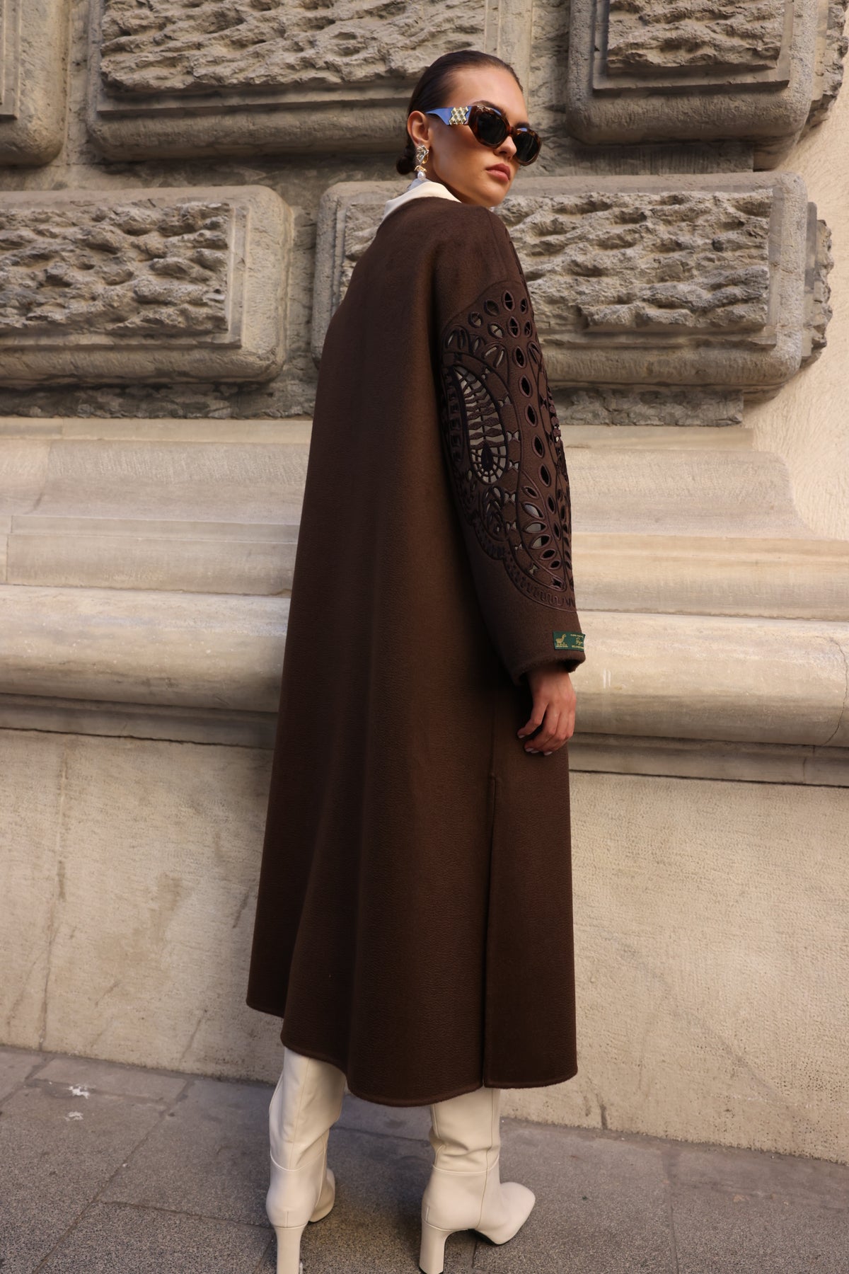 BROWN EMBROIDERED ALPACA COAT -9687