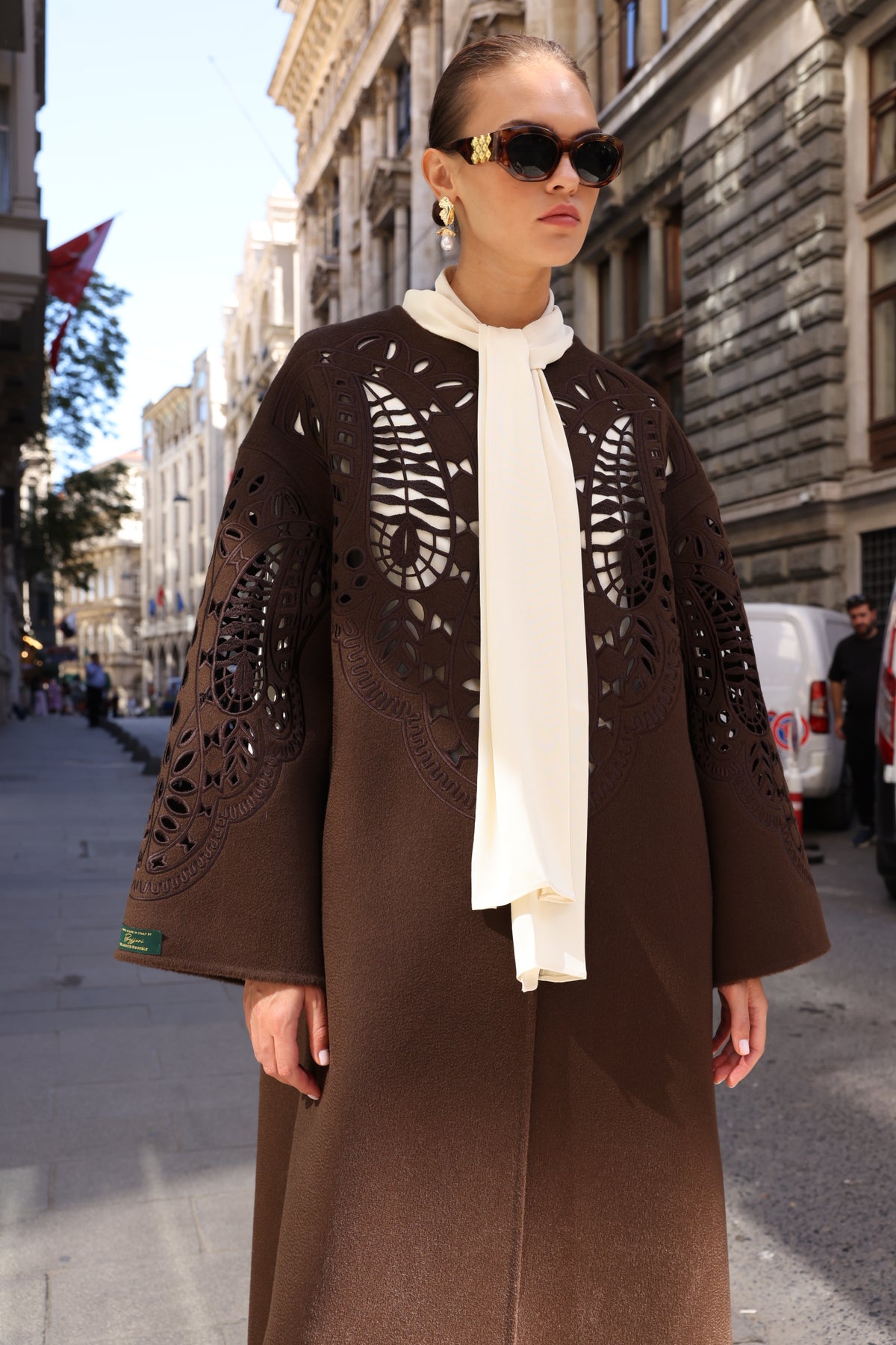 BROWN EMBROIDERED ALPACA COAT -9687