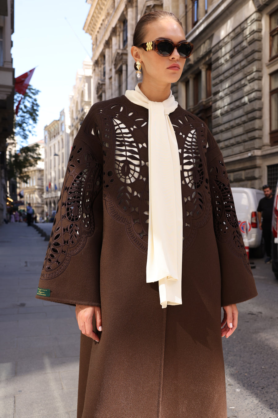 BROWN EMBROIDERED ALPACA COAT -9687