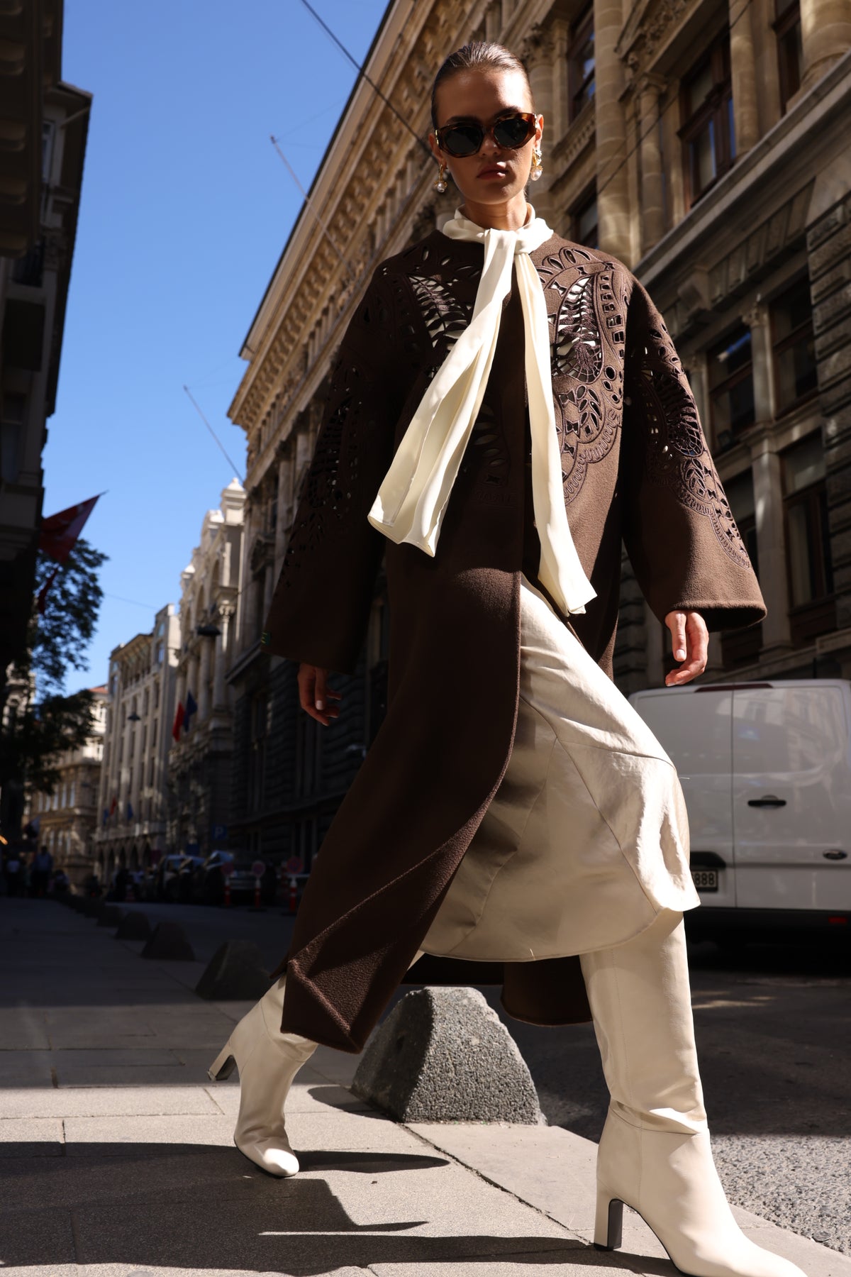 BROWN EMBROIDERED ALPACA COAT -9687