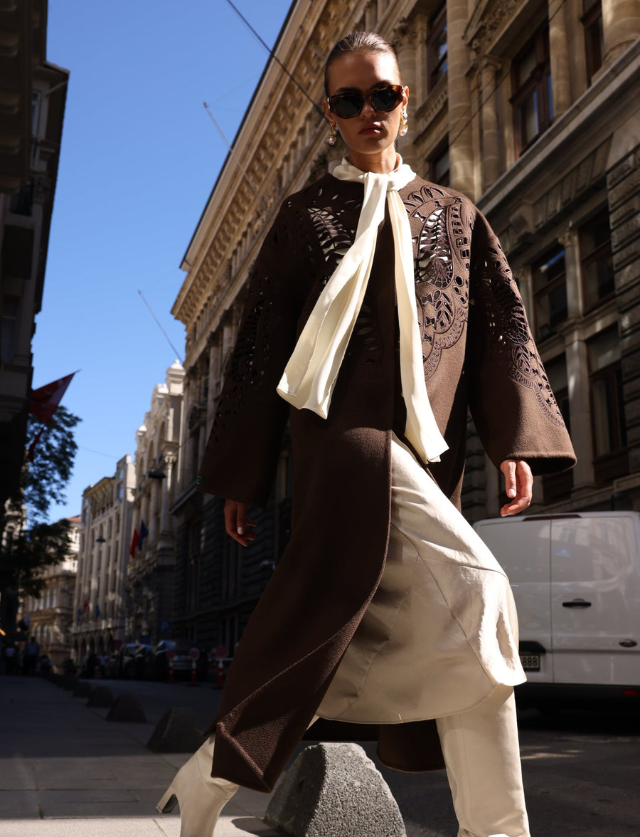 BROWN EMBROIDERED ALPACA COAT -9687