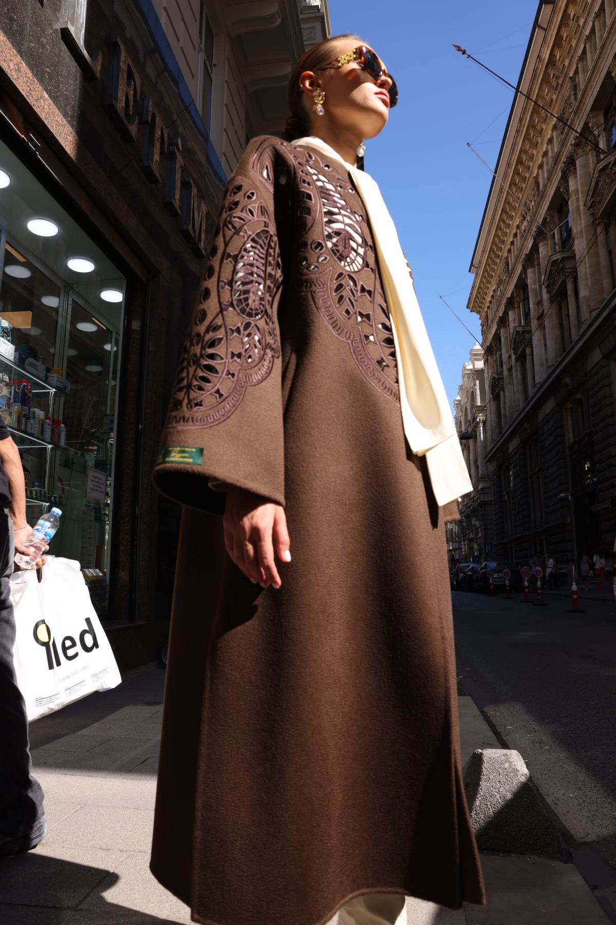 BROWN EMBROIDERED ALPACA COAT -9687