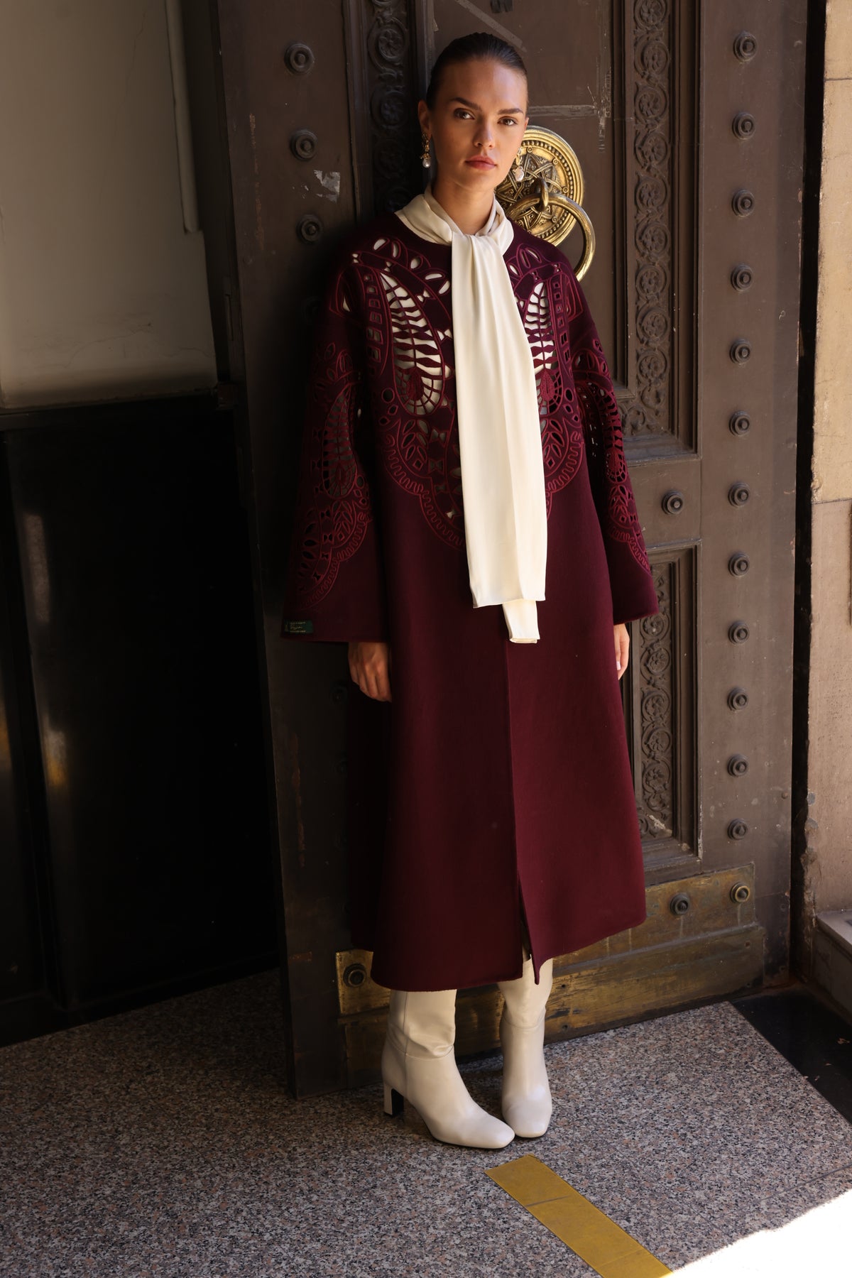 BURGUNDY EMBROIDERED ALPACA COAT -9687
