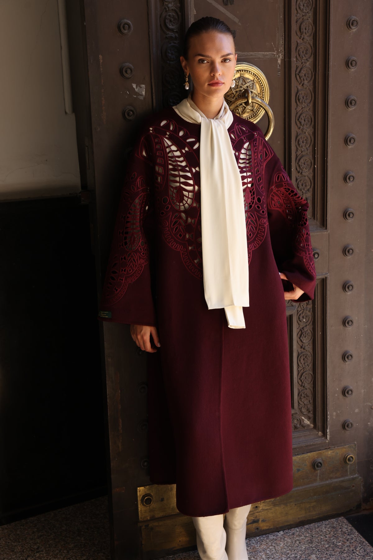 BURGUNDY EMBROIDERED ALPACA COAT -9687