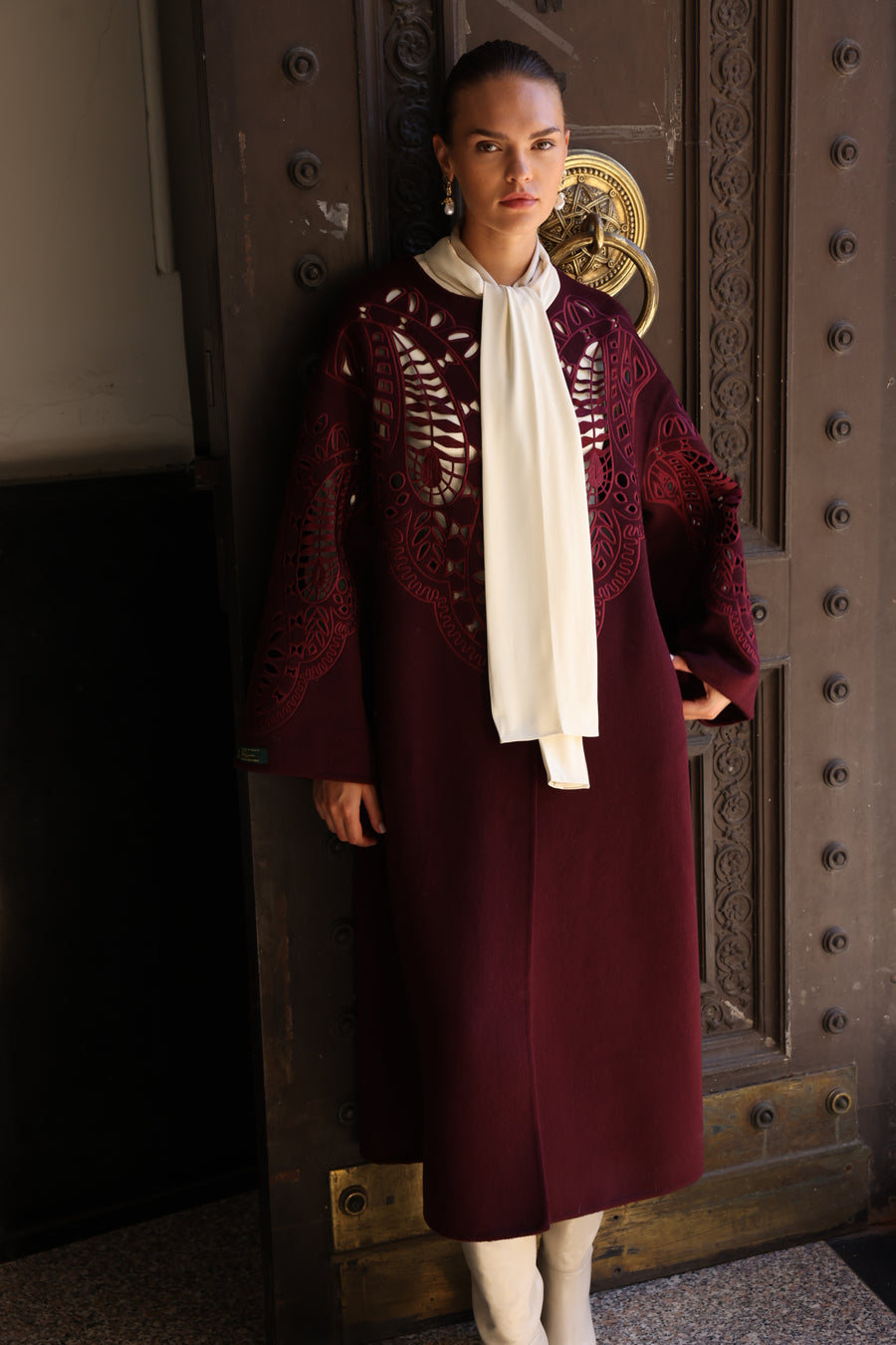 BURGUNDY EMBROIDERED ALPACA COAT -9687