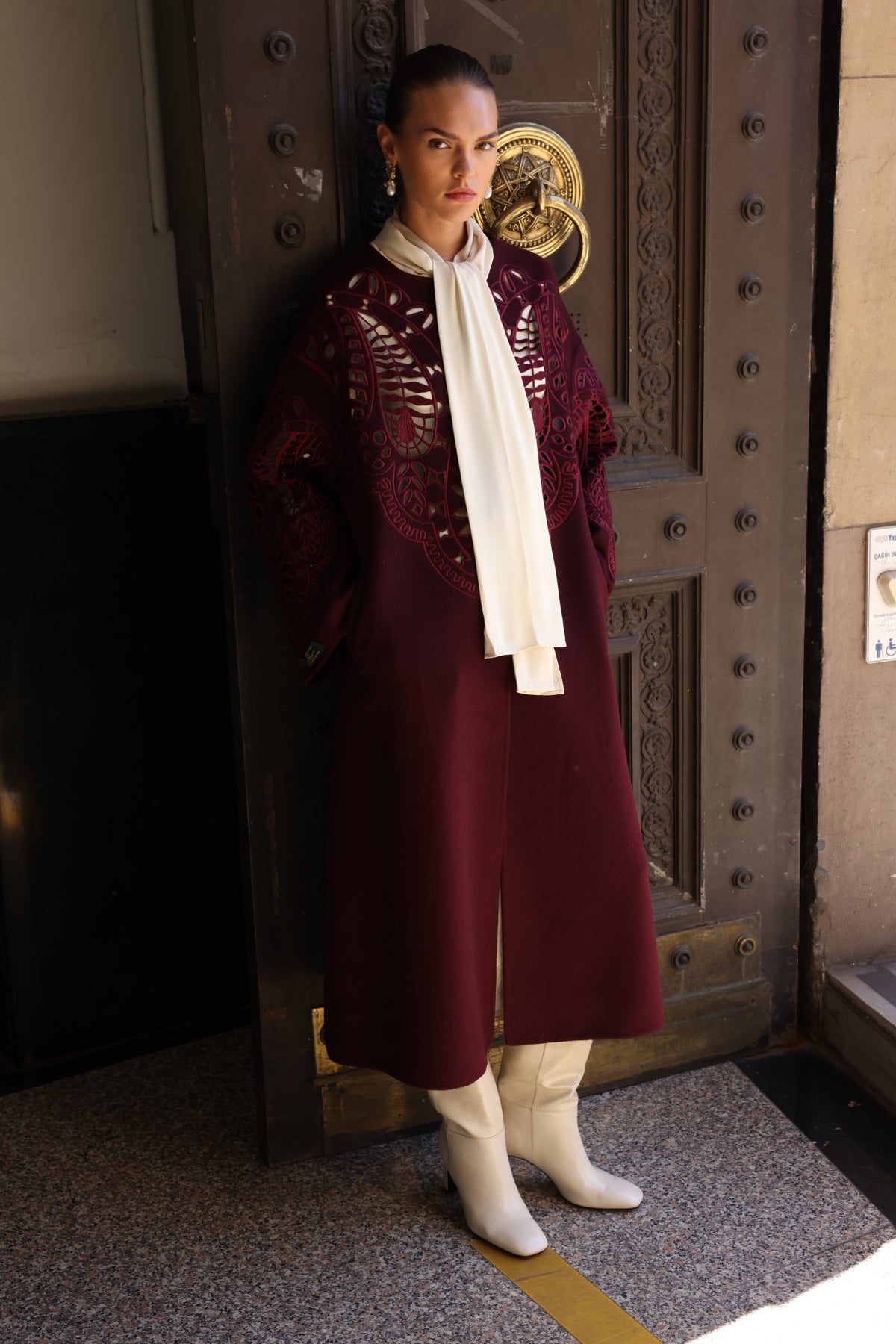 BURGUNDY EMBROIDERED ALPACA COAT -9687