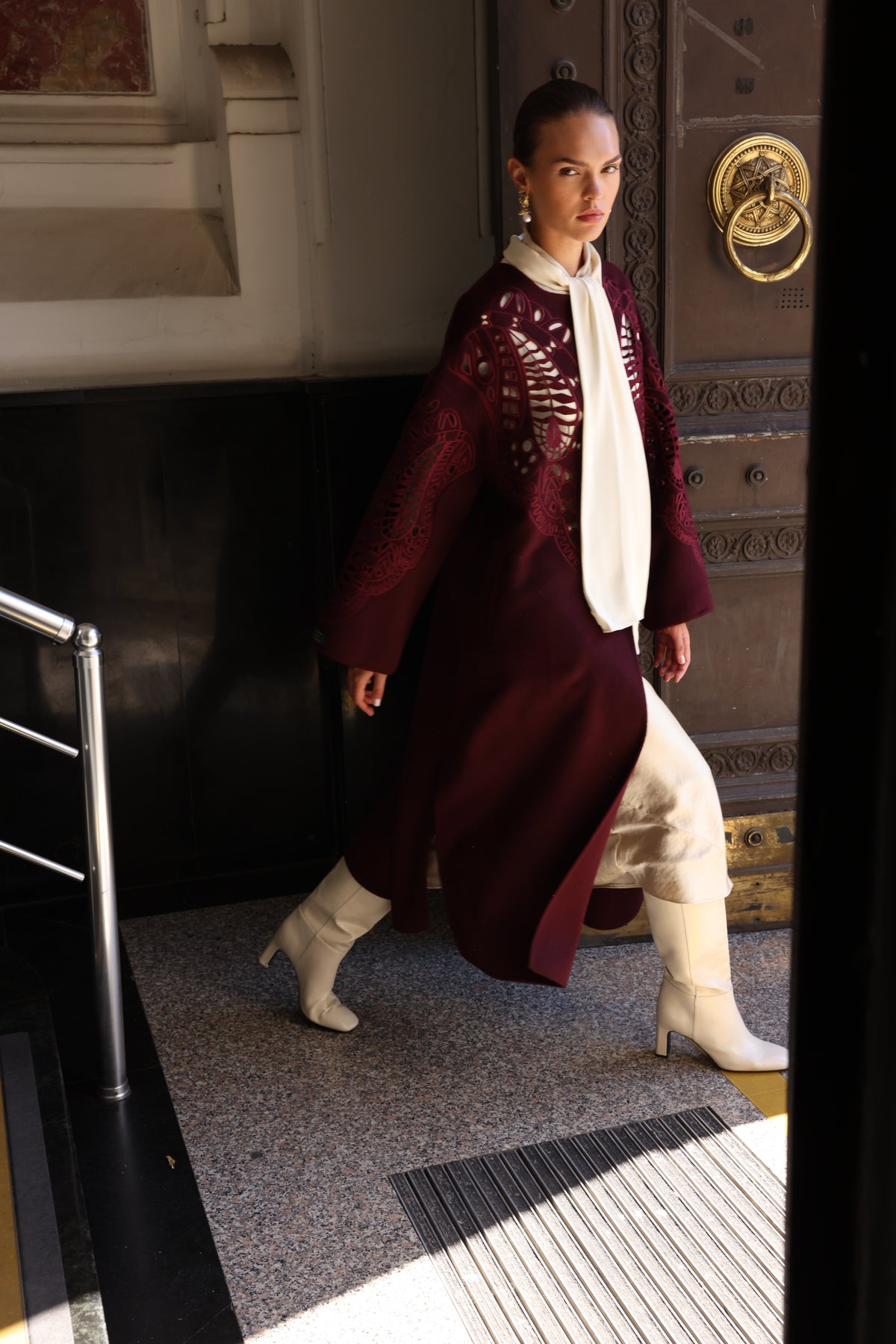 BURGUNDY EMBROIDERED ALPACA COAT -9687