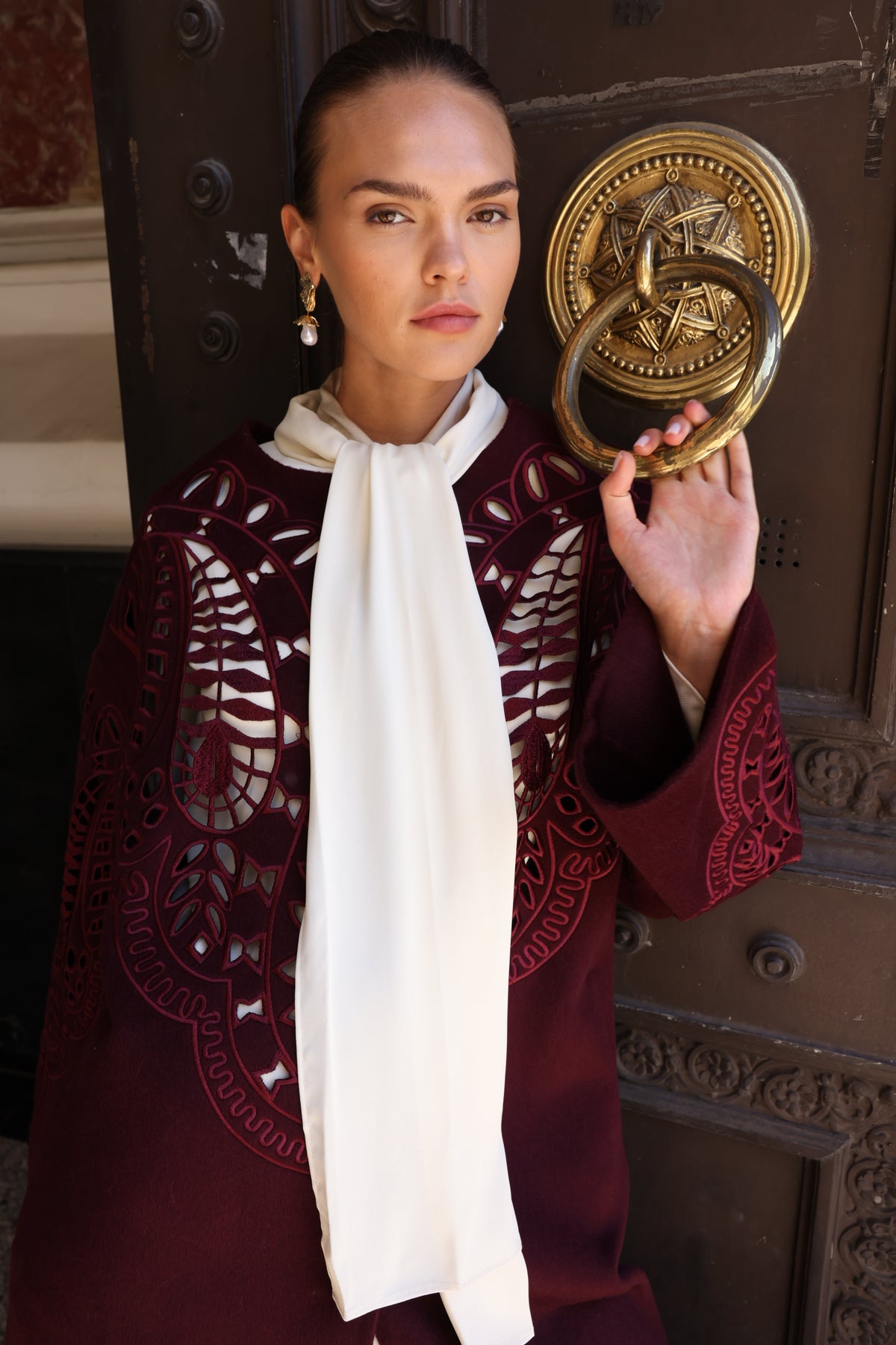 BURGUNDY EMBROIDERED ALPACA COAT -9687