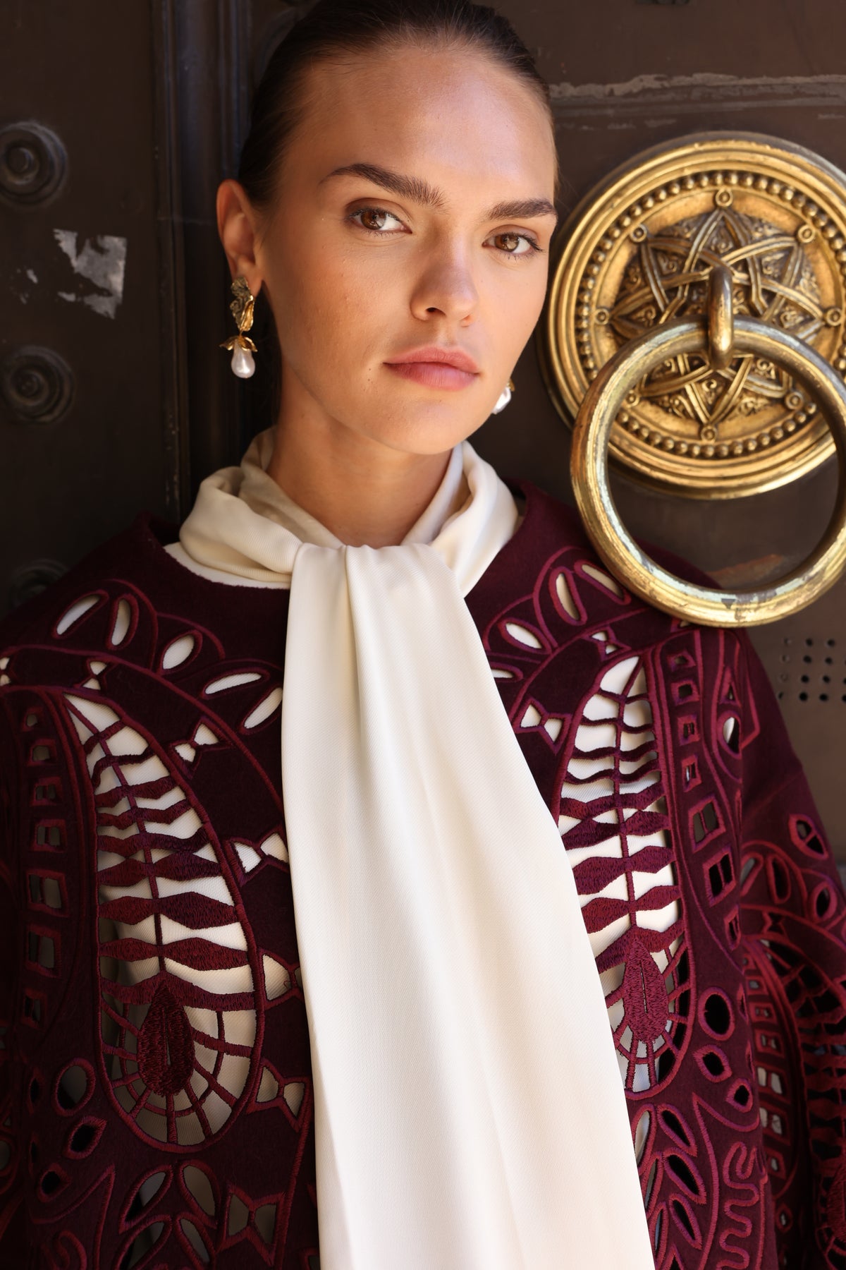 BURGUNDY EMBROIDERED ALPACA COAT -9687