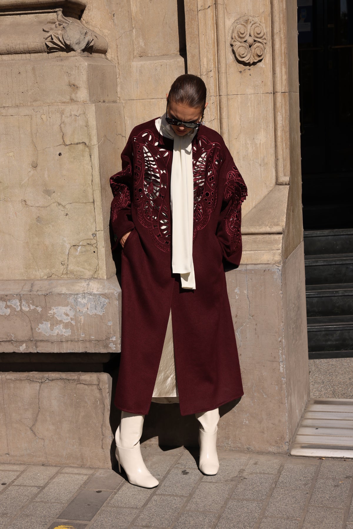 BURGUNDY EMBROIDERED ALPACA COAT -9687