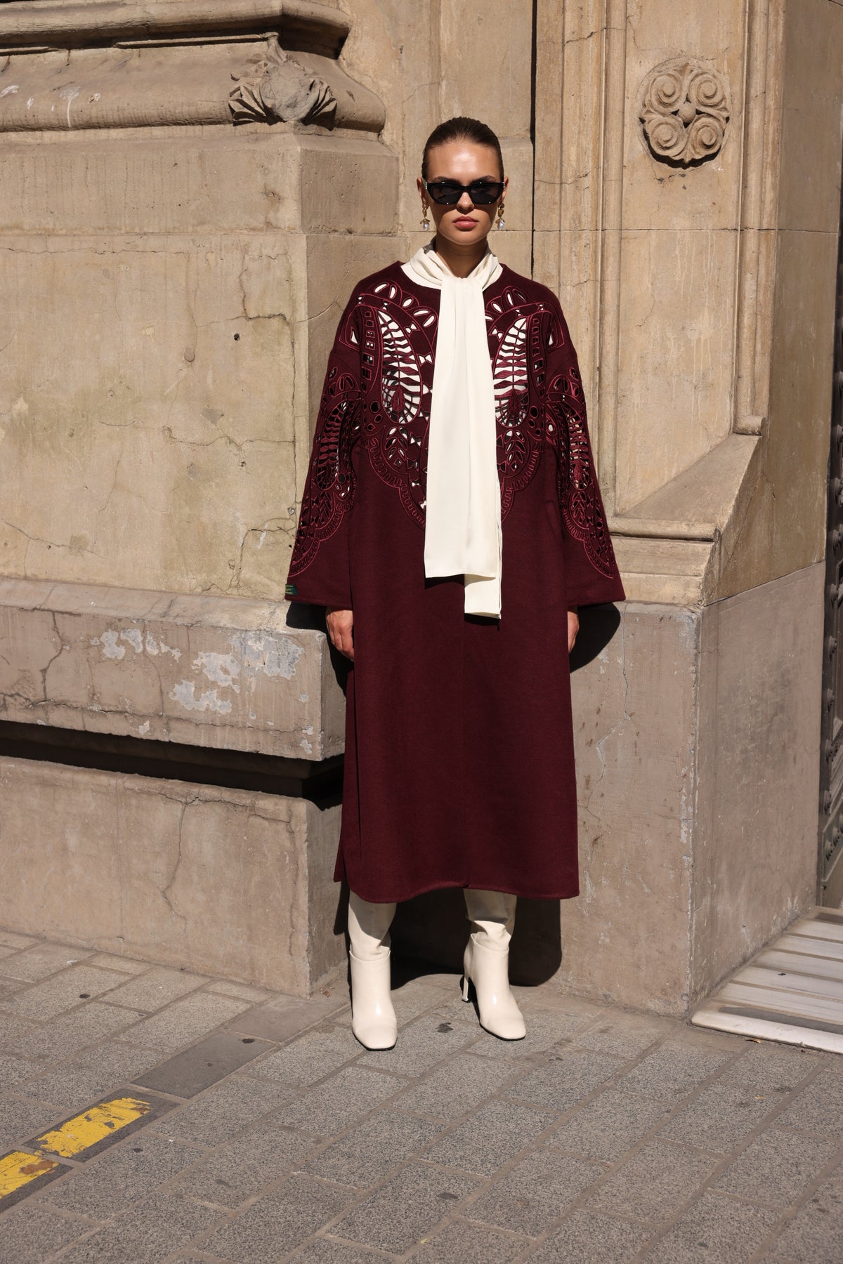 BURGUNDY EMBROIDERED ALPACA COAT -9687
