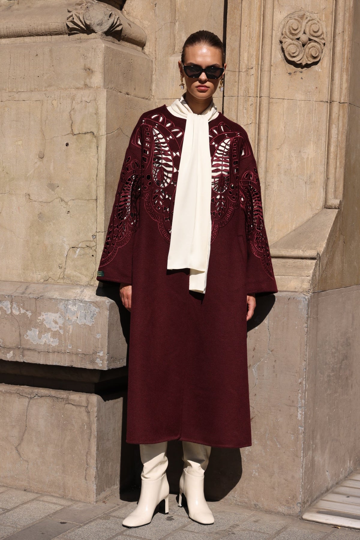 BURGUNDY EMBROIDERED ALPACA COAT -9687