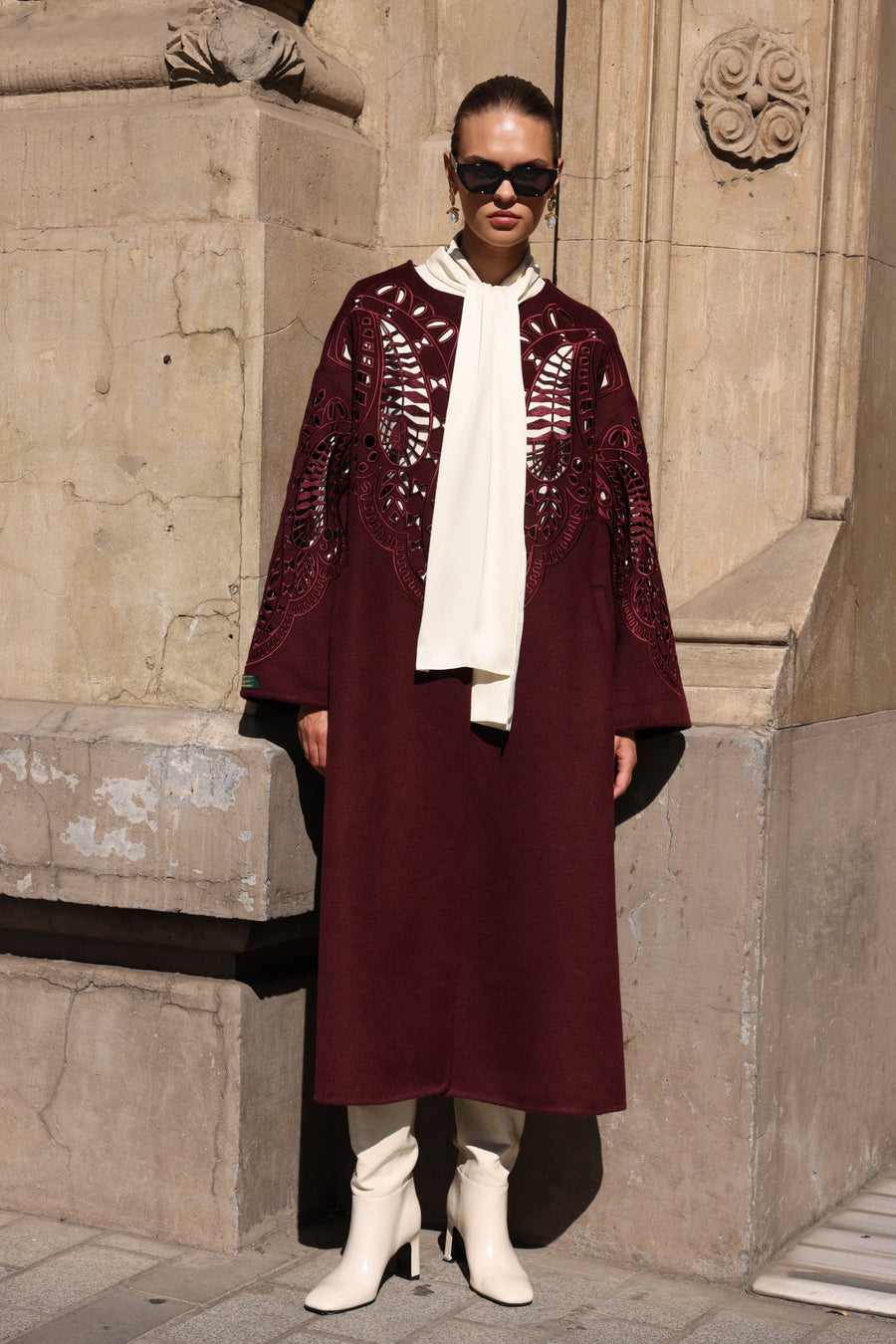 BURGUNDY EMBROIDERED ALPACA COAT -9687