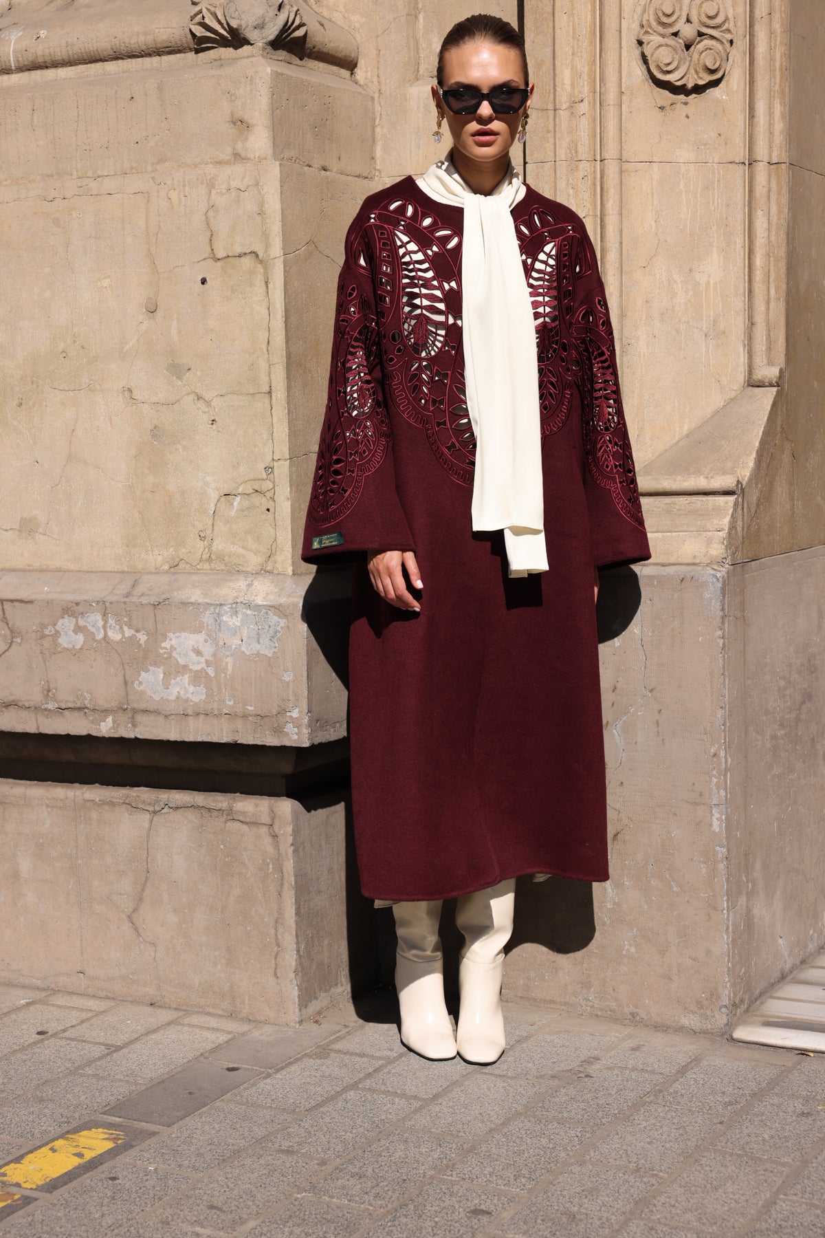 BURGUNDY EMBROIDERED ALPACA COAT -9687