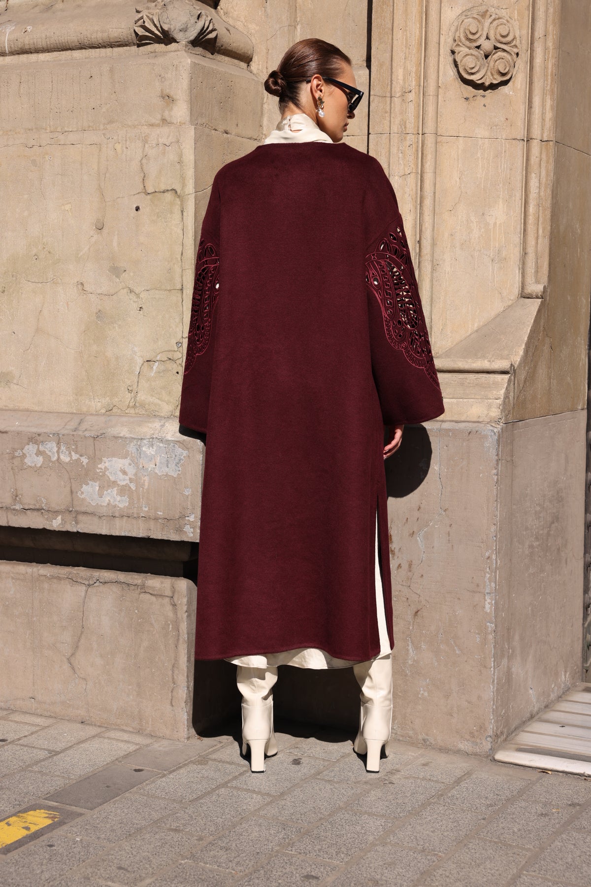 BURGUNDY EMBROIDERED ALPACA COAT -9687