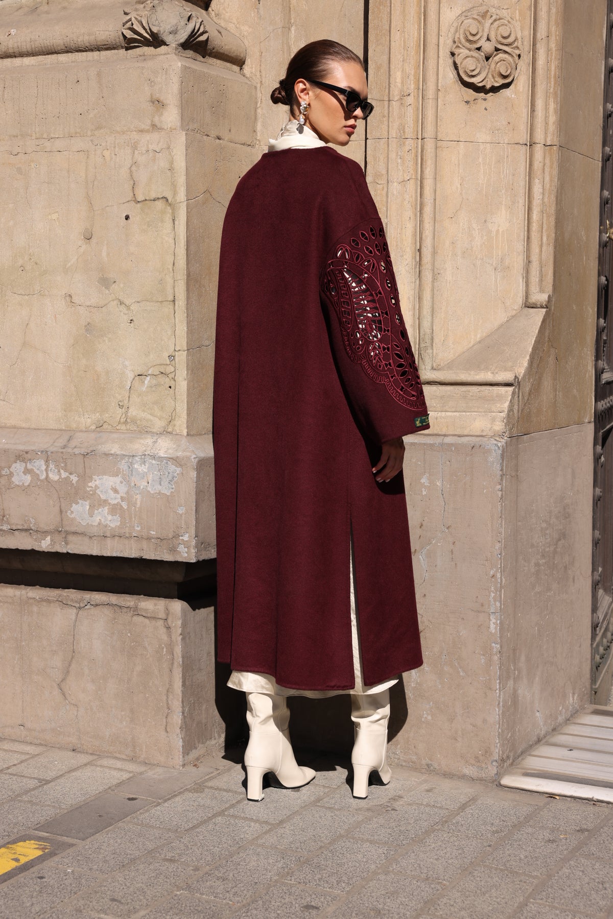 BURGUNDY EMBROIDERED ALPACA COAT -9687