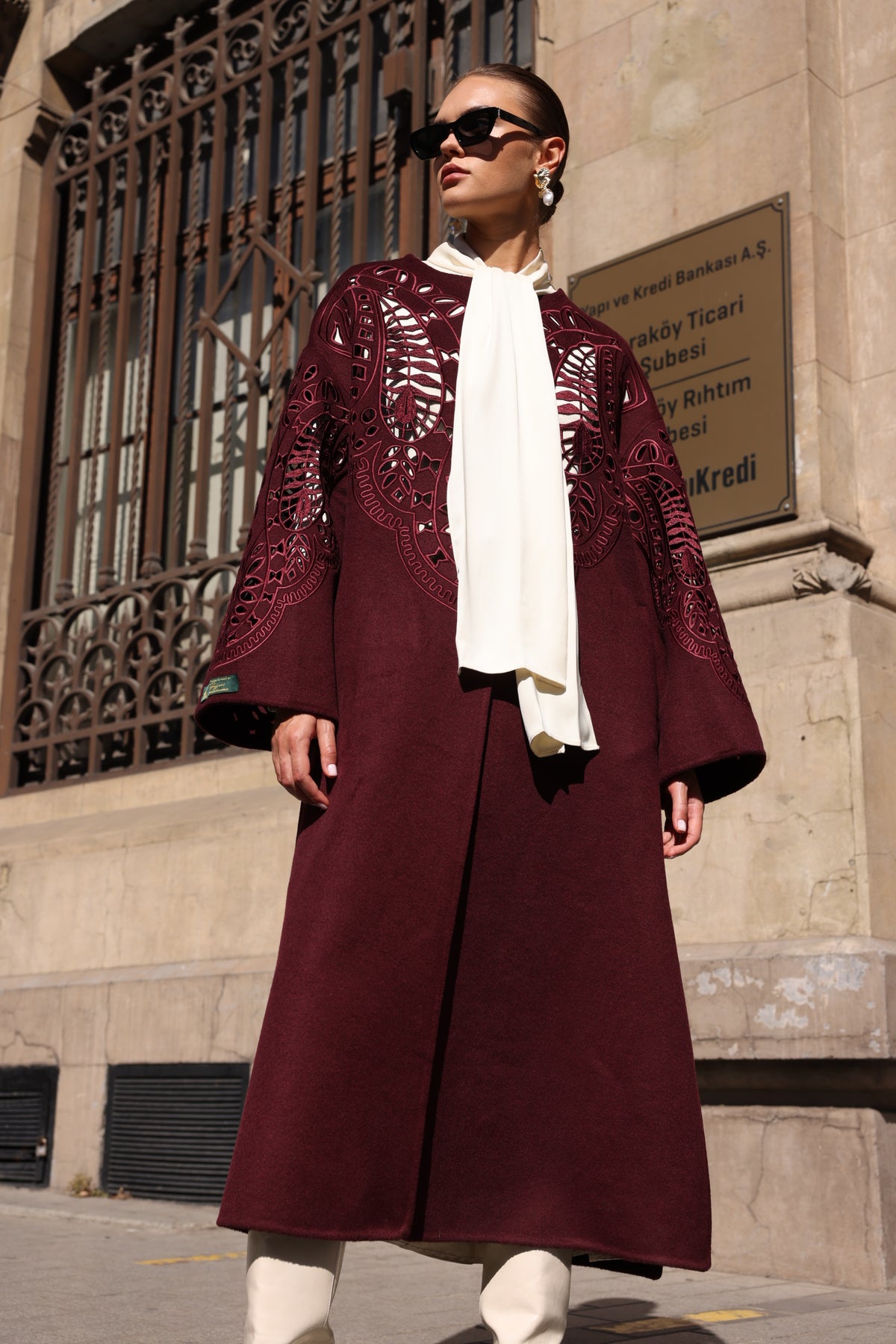 BURGUNDY EMBROIDERED ALPACA COAT -9687