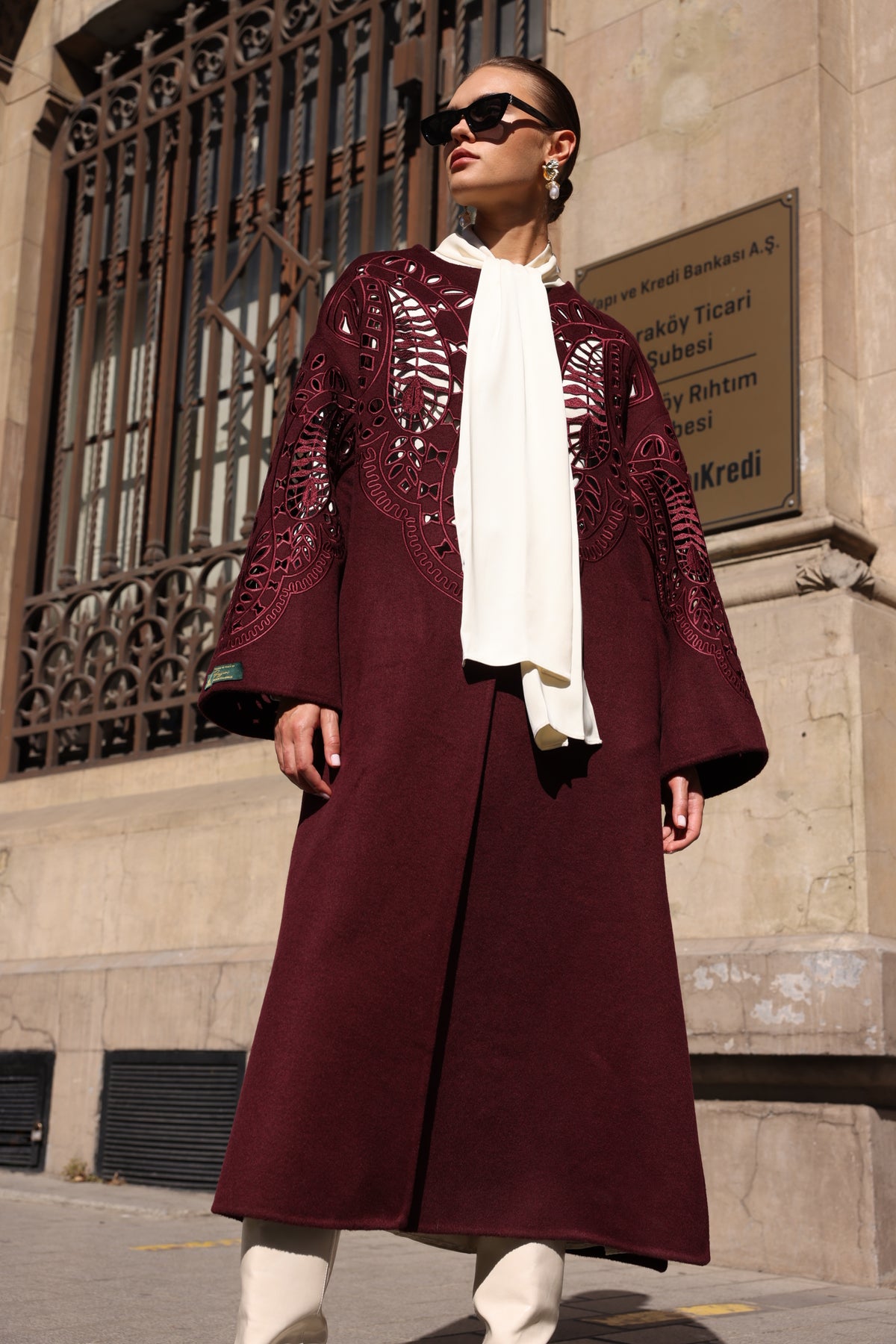 BURGUNDY EMBROIDERED ALPACA COAT -9687