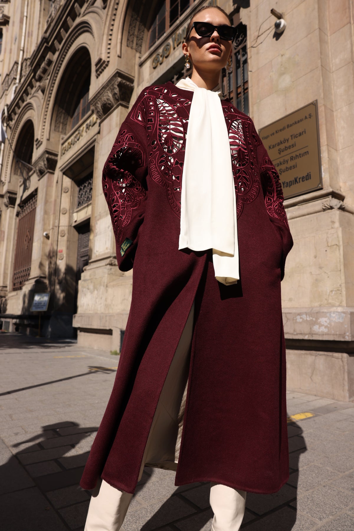 BURGUNDY EMBROIDERED ALPACA COAT -9687