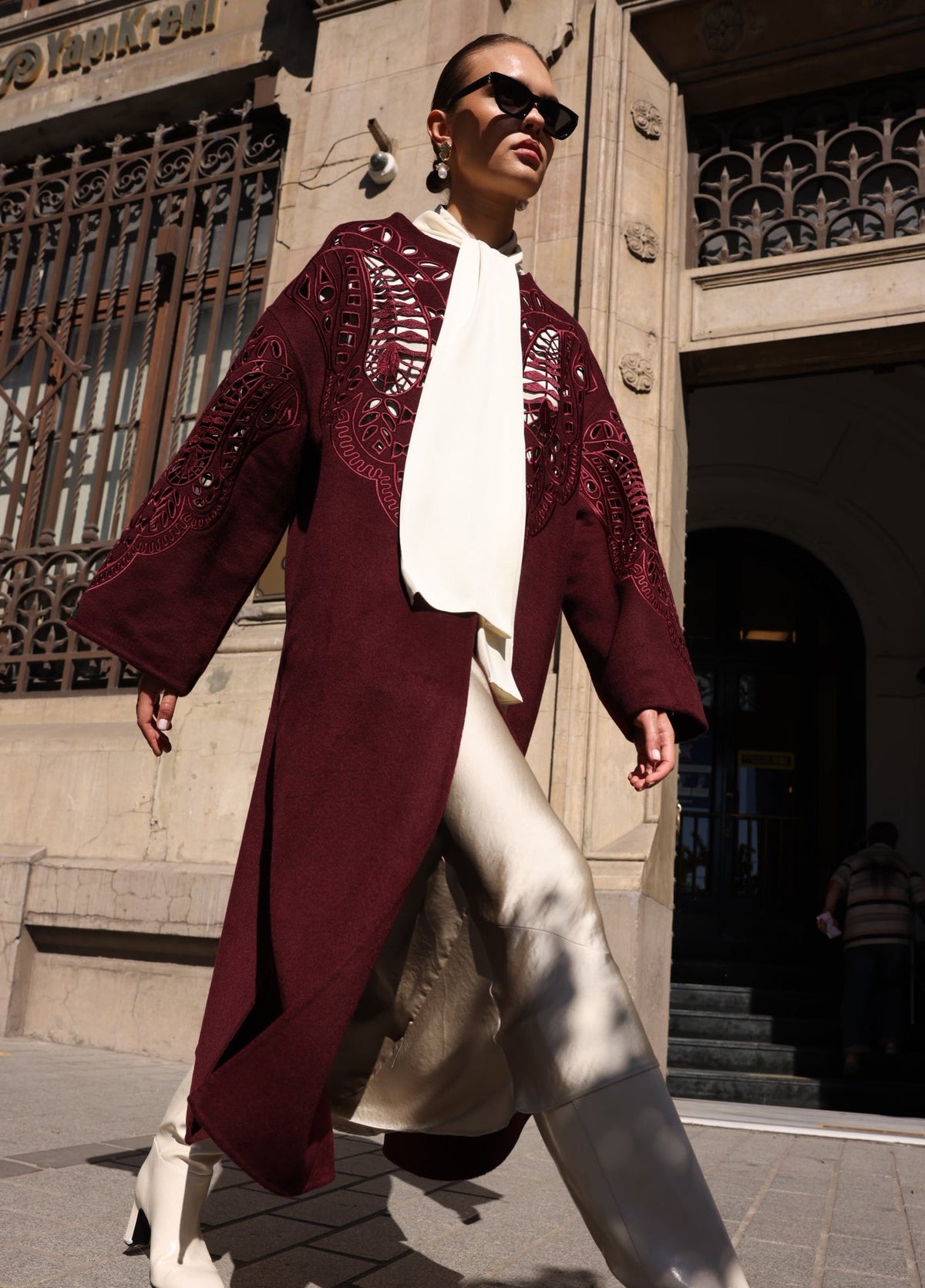 BURGUNDY EMBROIDERED ALPACA COAT -9687