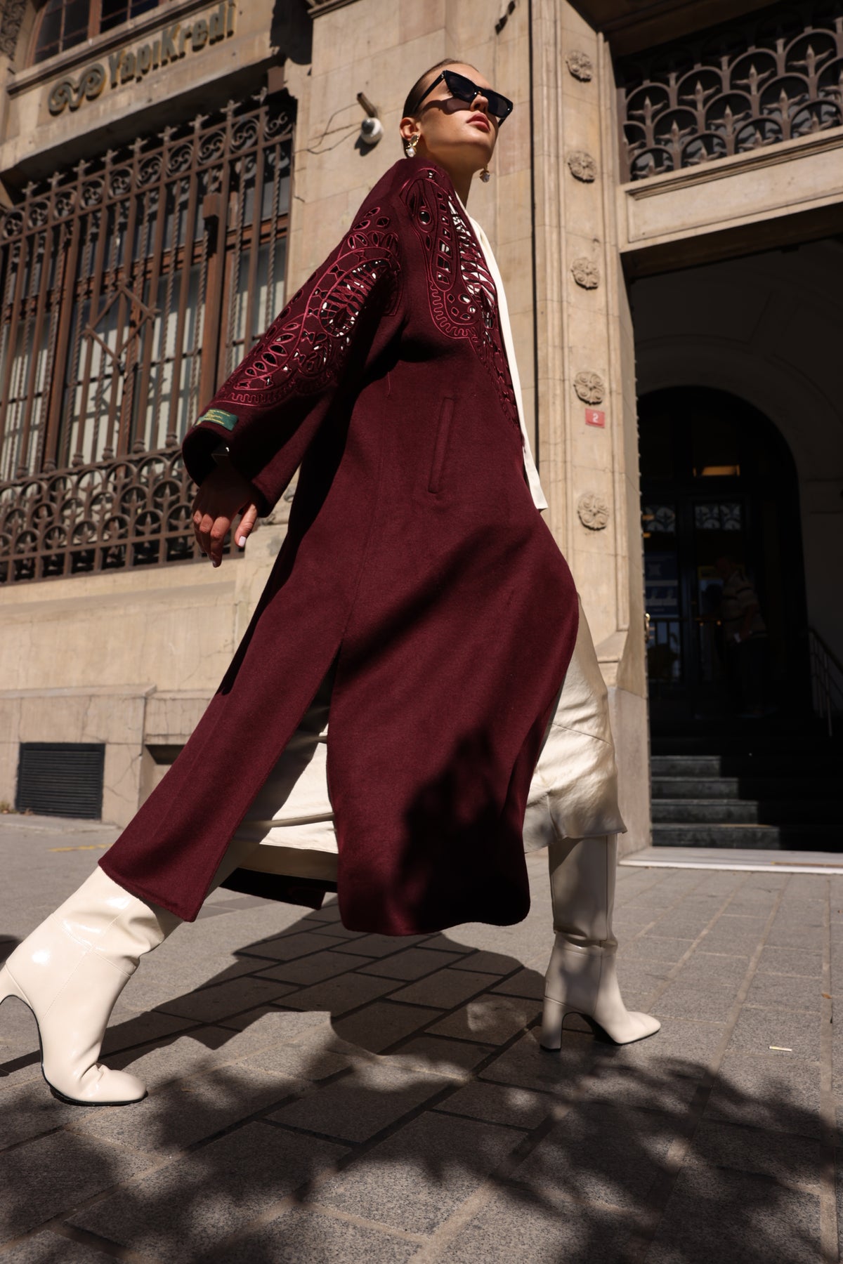 BURGUNDY EMBROIDERED ALPACA COAT -9687
