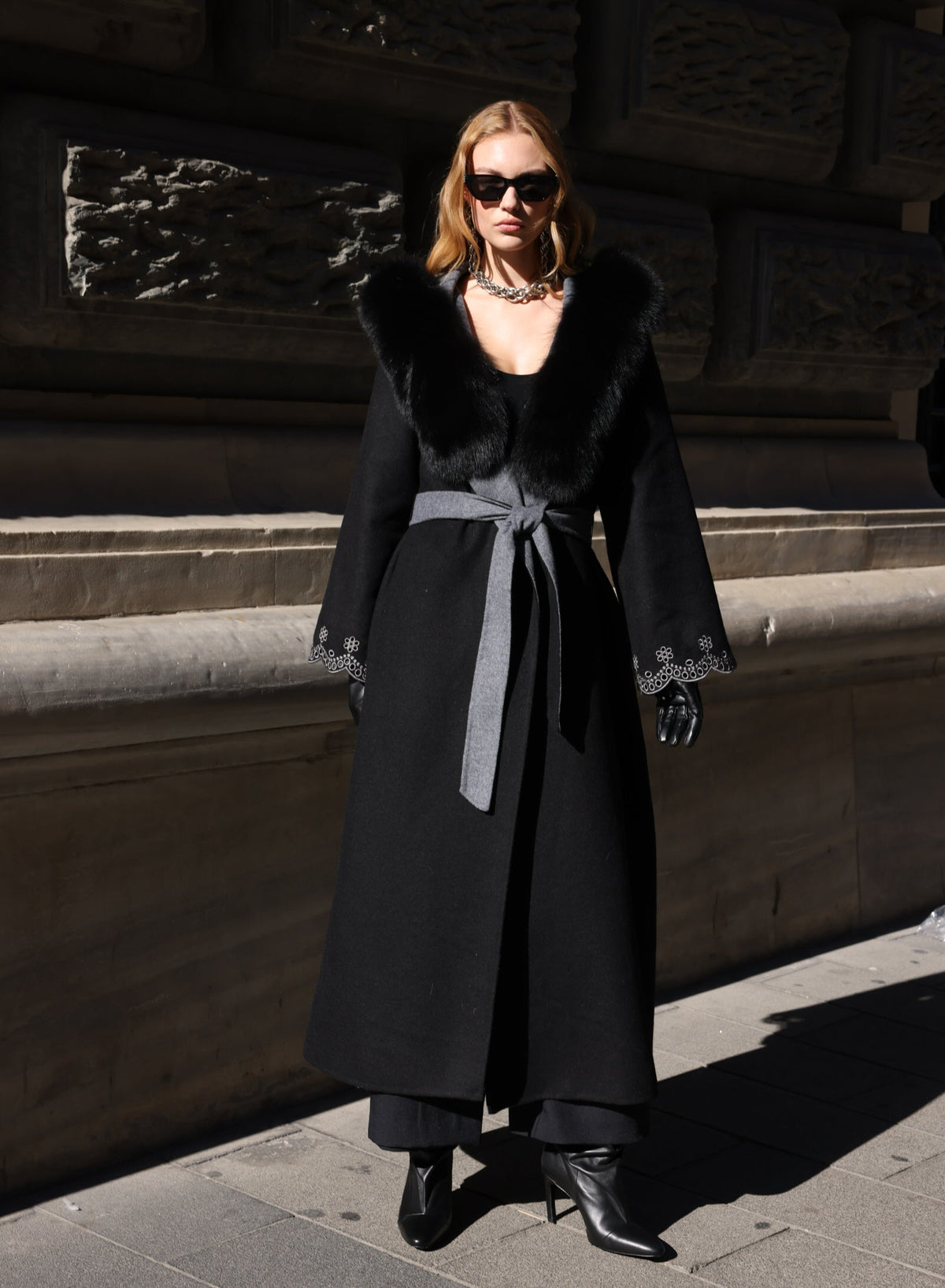 Black Embroidered Alpaca Fox Fur Coat