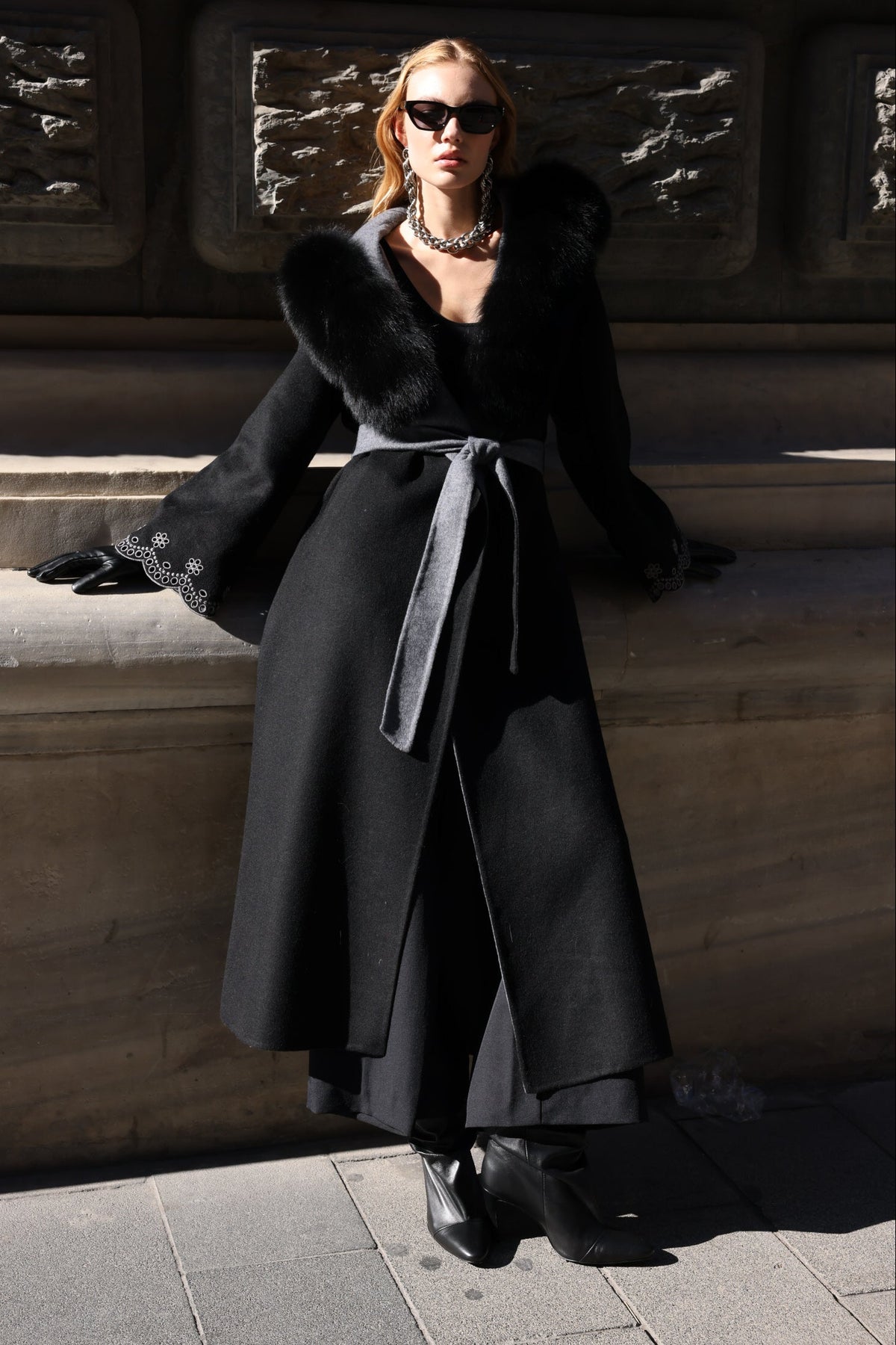 Black Embroidered Alpaca Fox Fur Coat