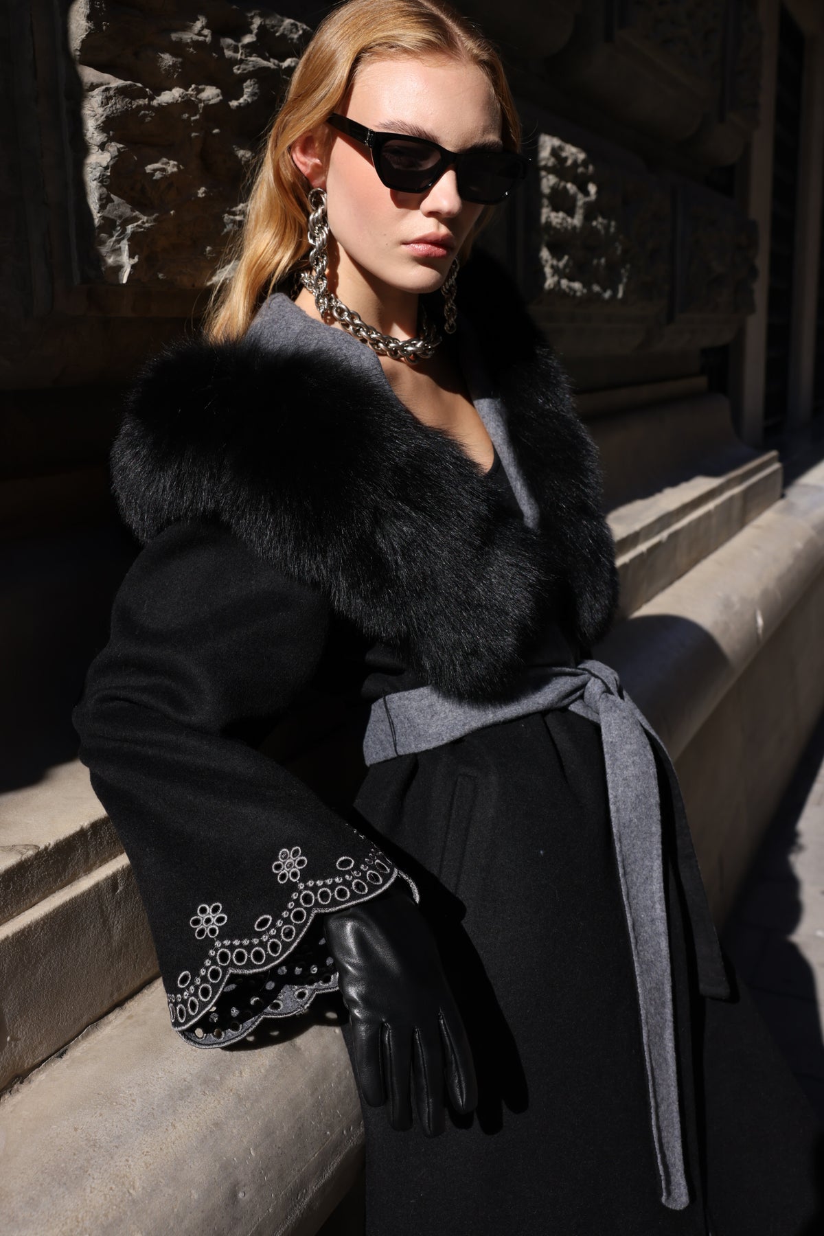 Black Embroidered Alpaca Fox Fur Coat