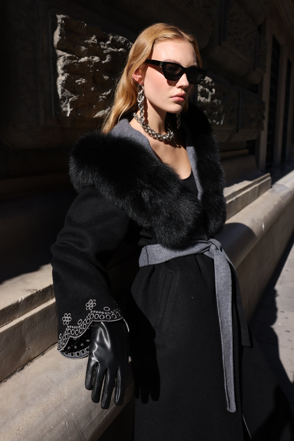 Black Embroidered Alpaca Fox Fur Coat