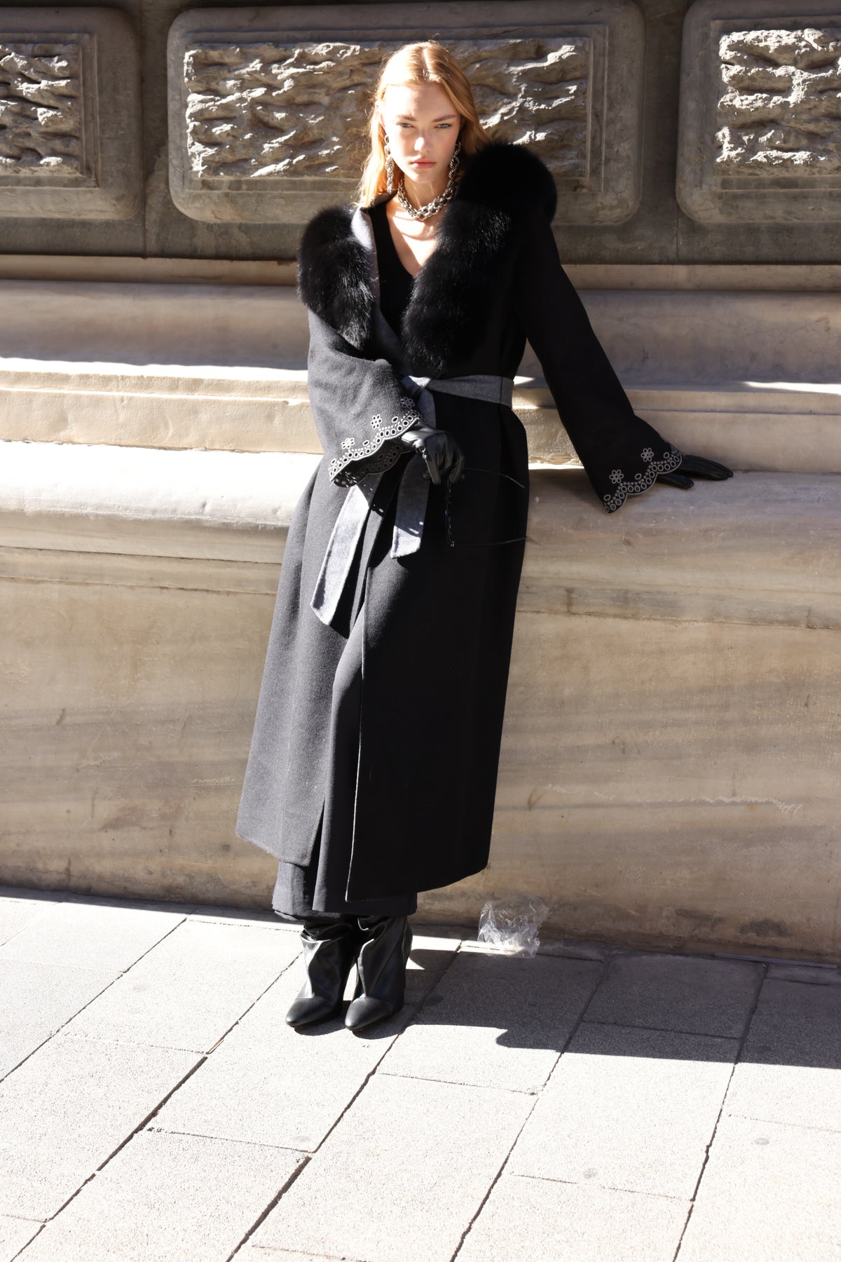 Black Embroidered Alpaca Fox Fur Coat