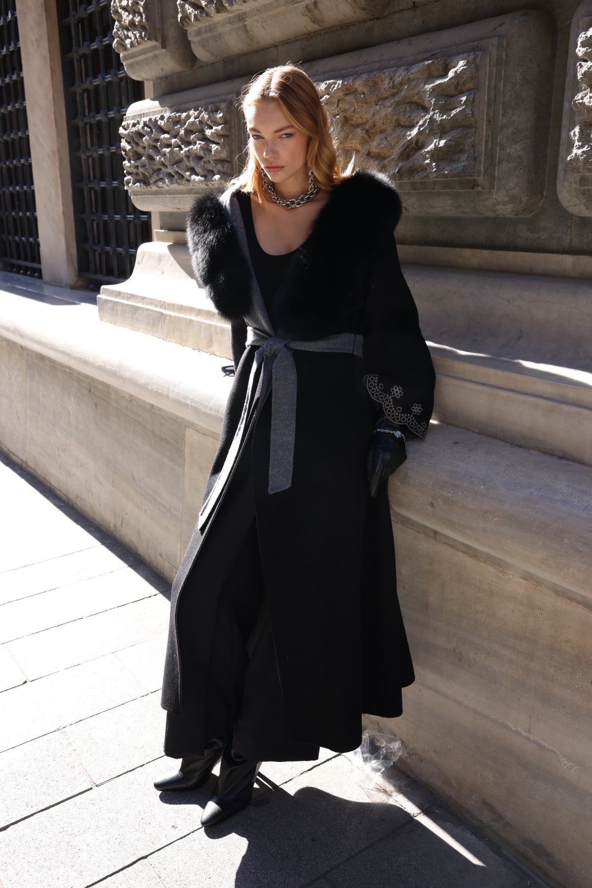 Black Embroidered Alpaca Fox Fur Coat