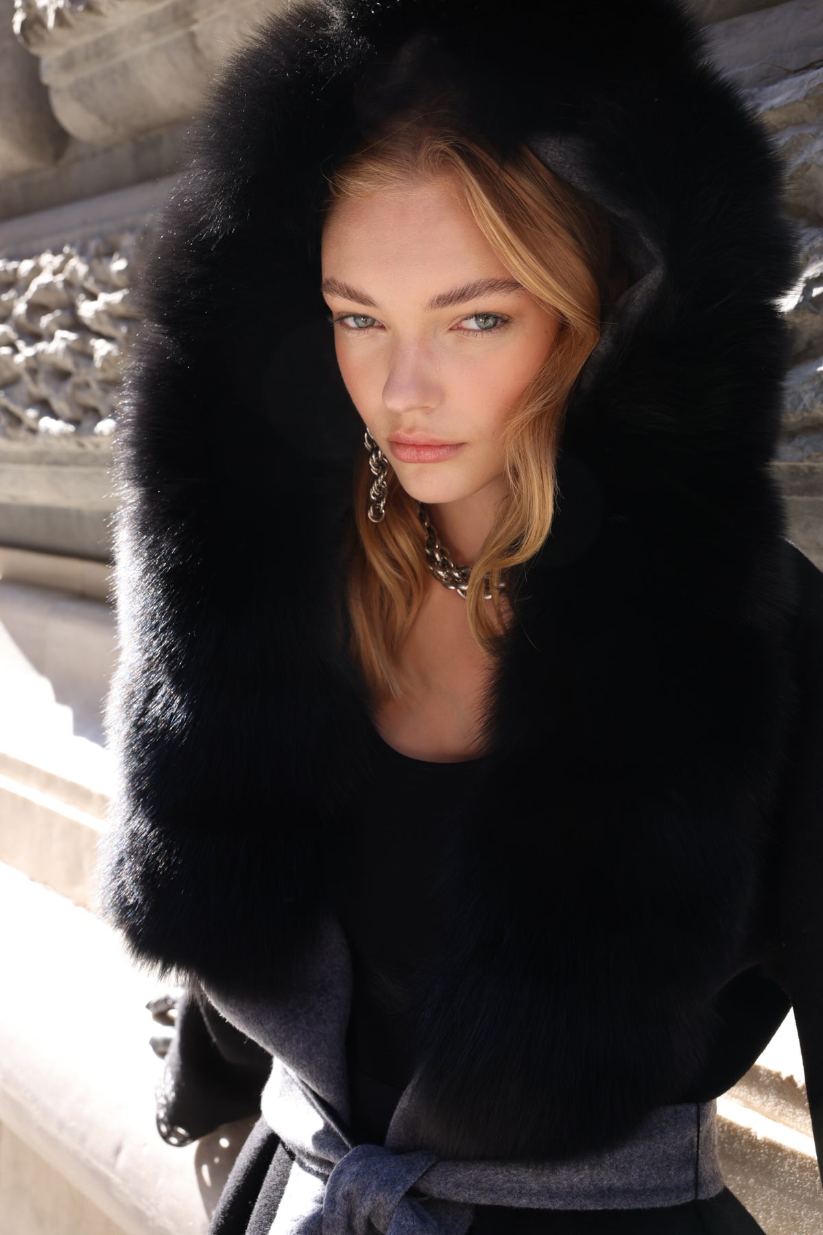 Black Embroidered Alpaca Fox Fur Coat