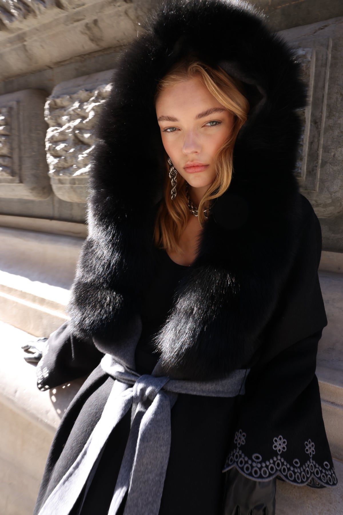 Black Embroidered Alpaca Fox Fur Coat