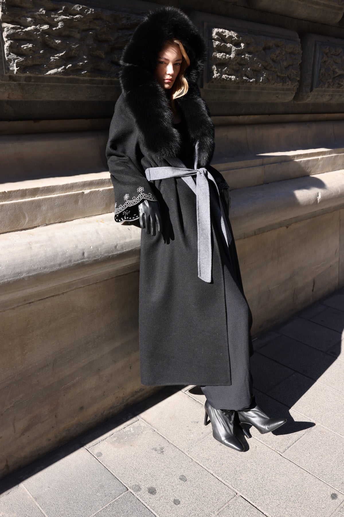 Black Embroidered Alpaca Fox Fur Coat