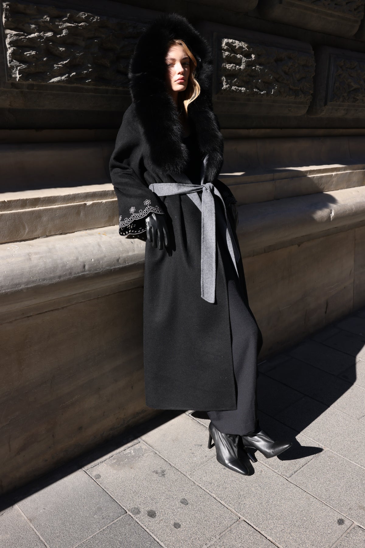 Black Embroidered Alpaca Fox Fur Coat
