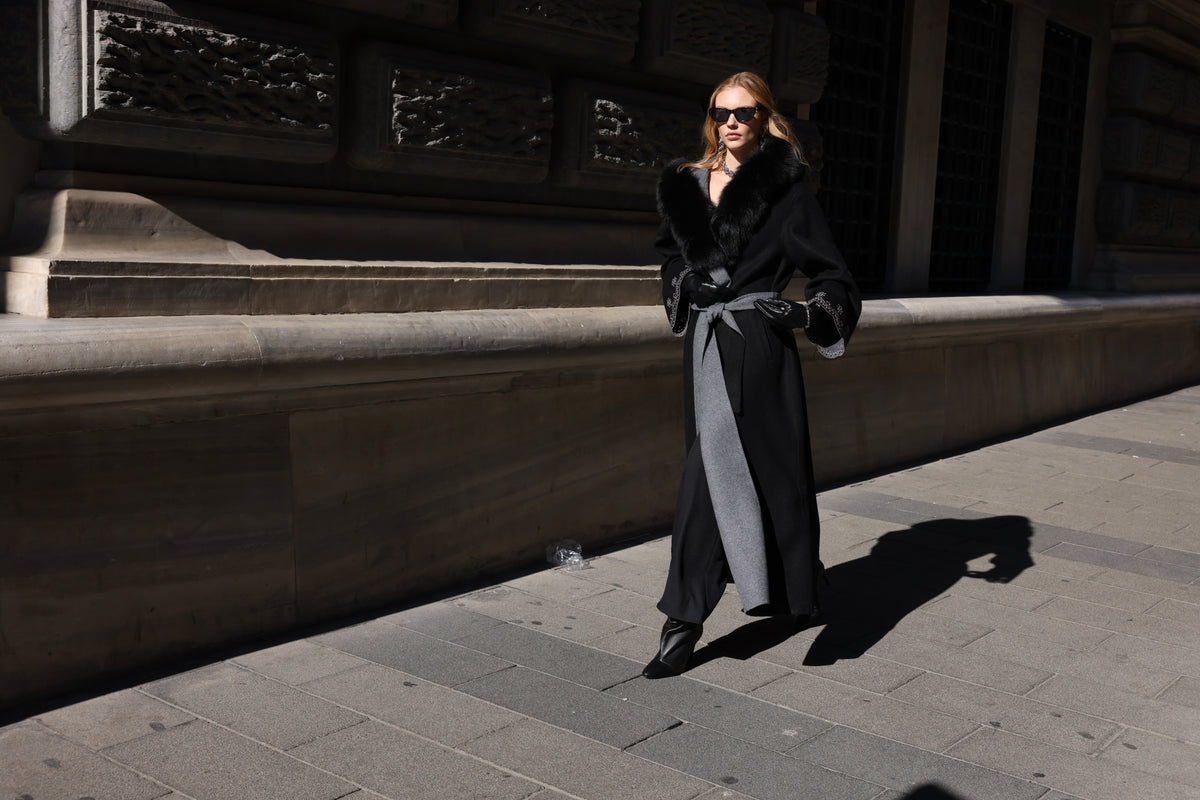 Black Embroidered Alpaca Fox Fur Coat