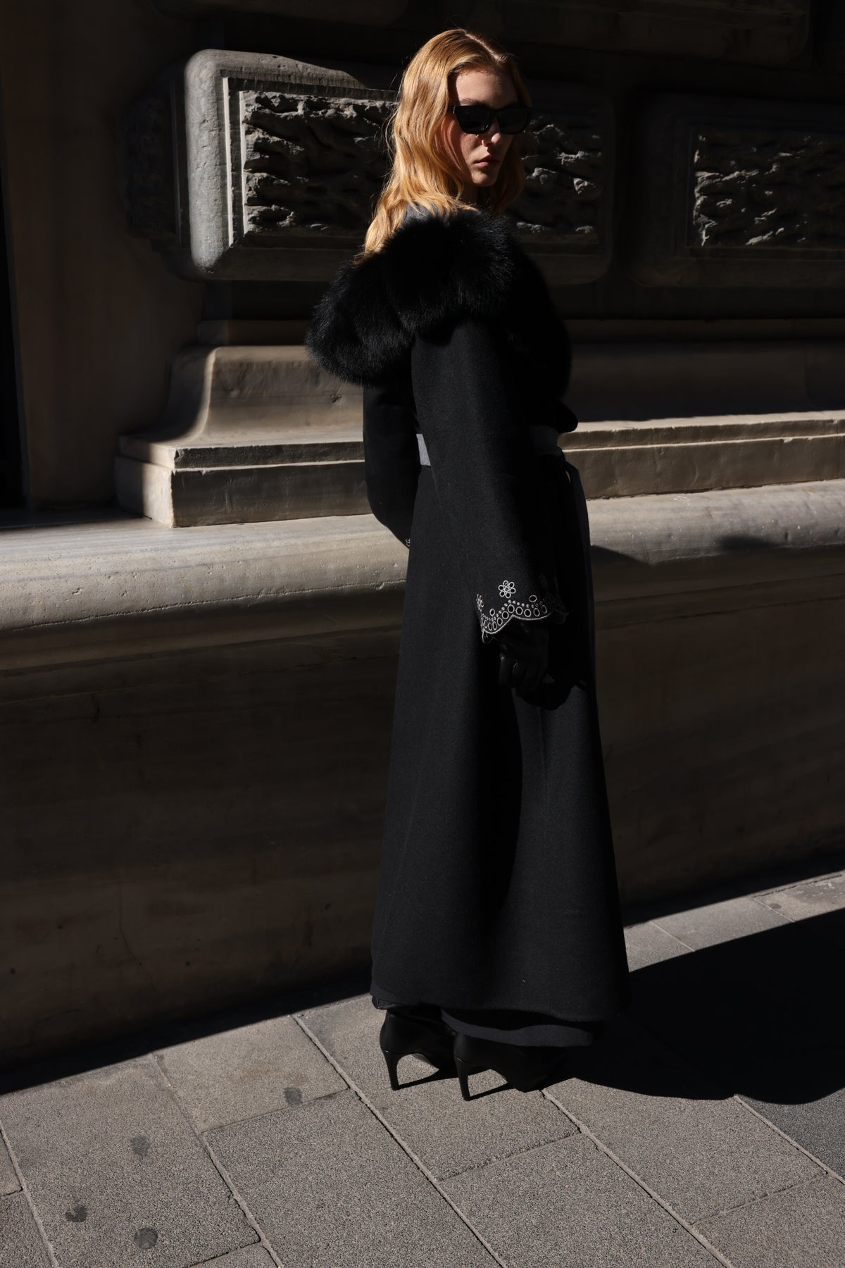 Black Embroidered Alpaca Fox Fur Coat